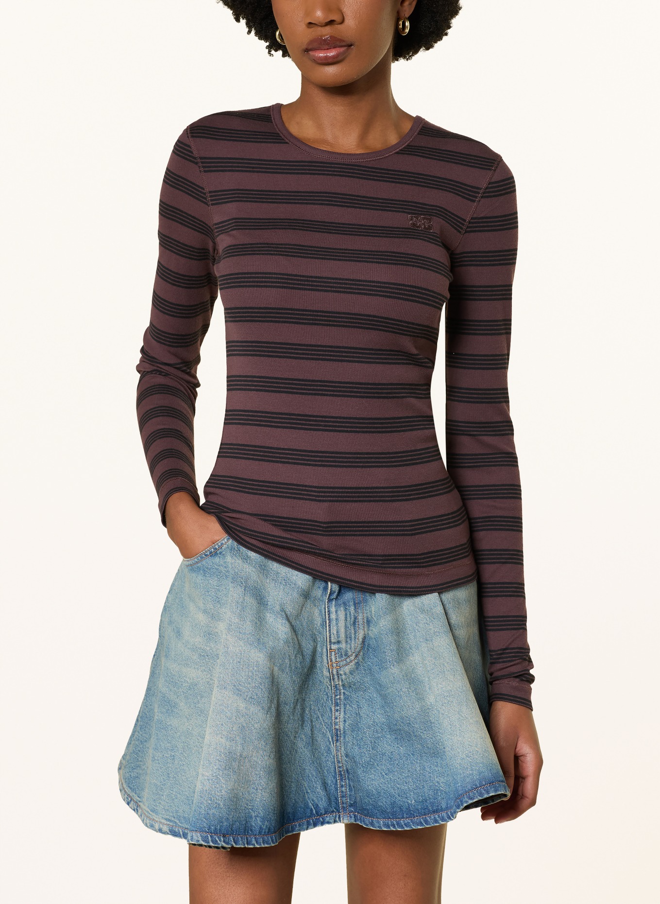 GANNI long-sleeved shirt: DARK BROWN / BLACK