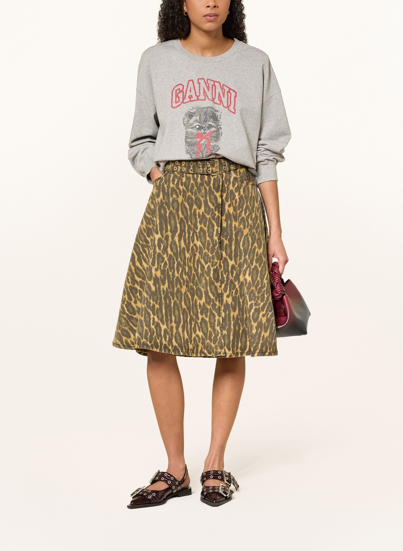 GANNI Džínová sukně s překříženým střihem: TMAVĚ HNĚDÁ / TMAVĚ ŽLUTÁ / KHAKI