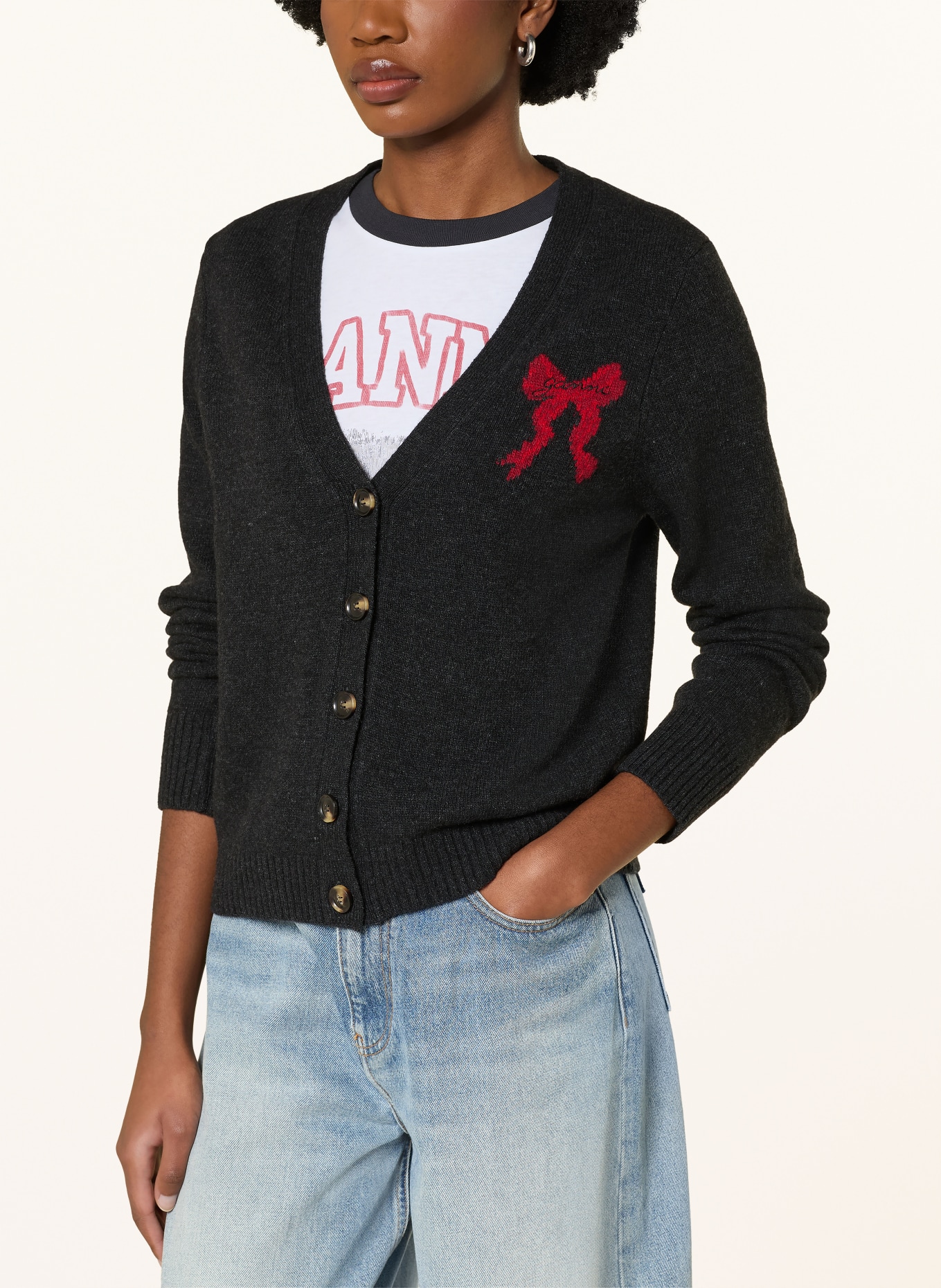 GANNI cardigan: DARK GRAY / BEIGE / RED