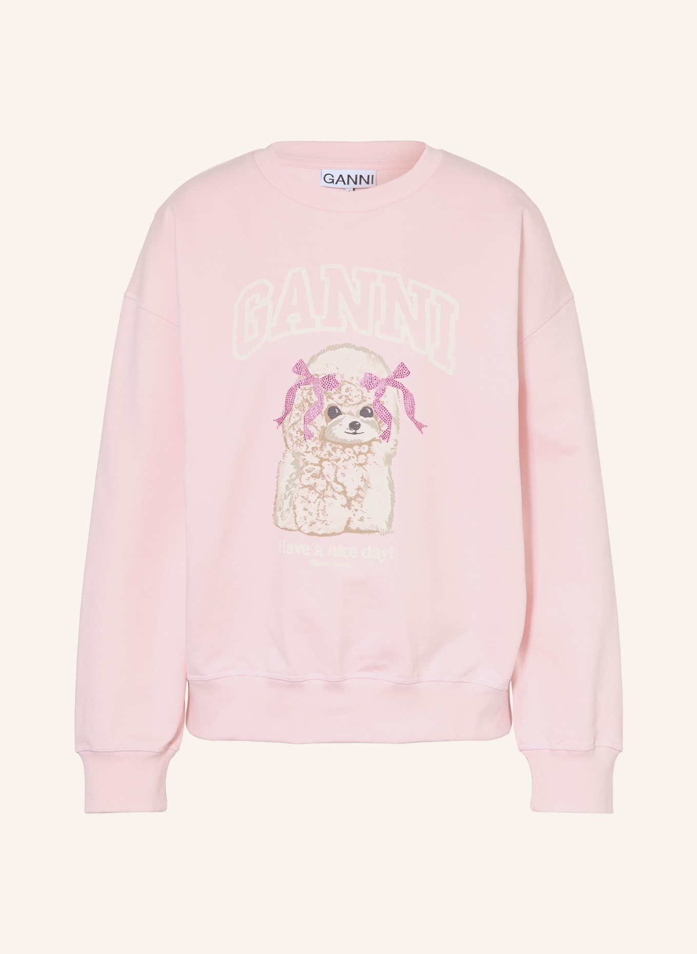 GANNI Sweatshirt with rhinestones: LIGHT PINK / WHITE