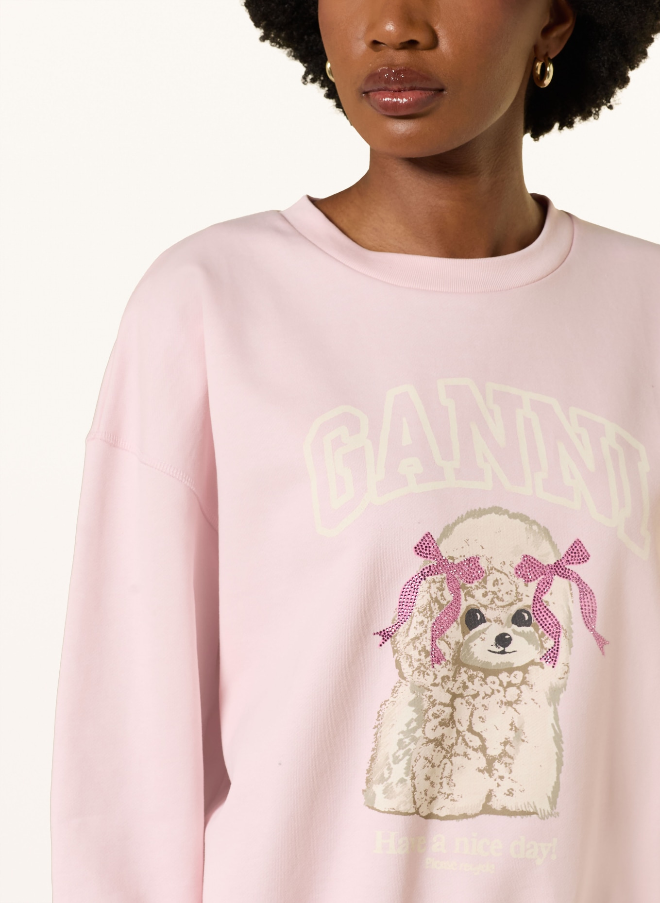 GANNI Sweatshirt with rhinestones: LIGHT PINK / WHITE