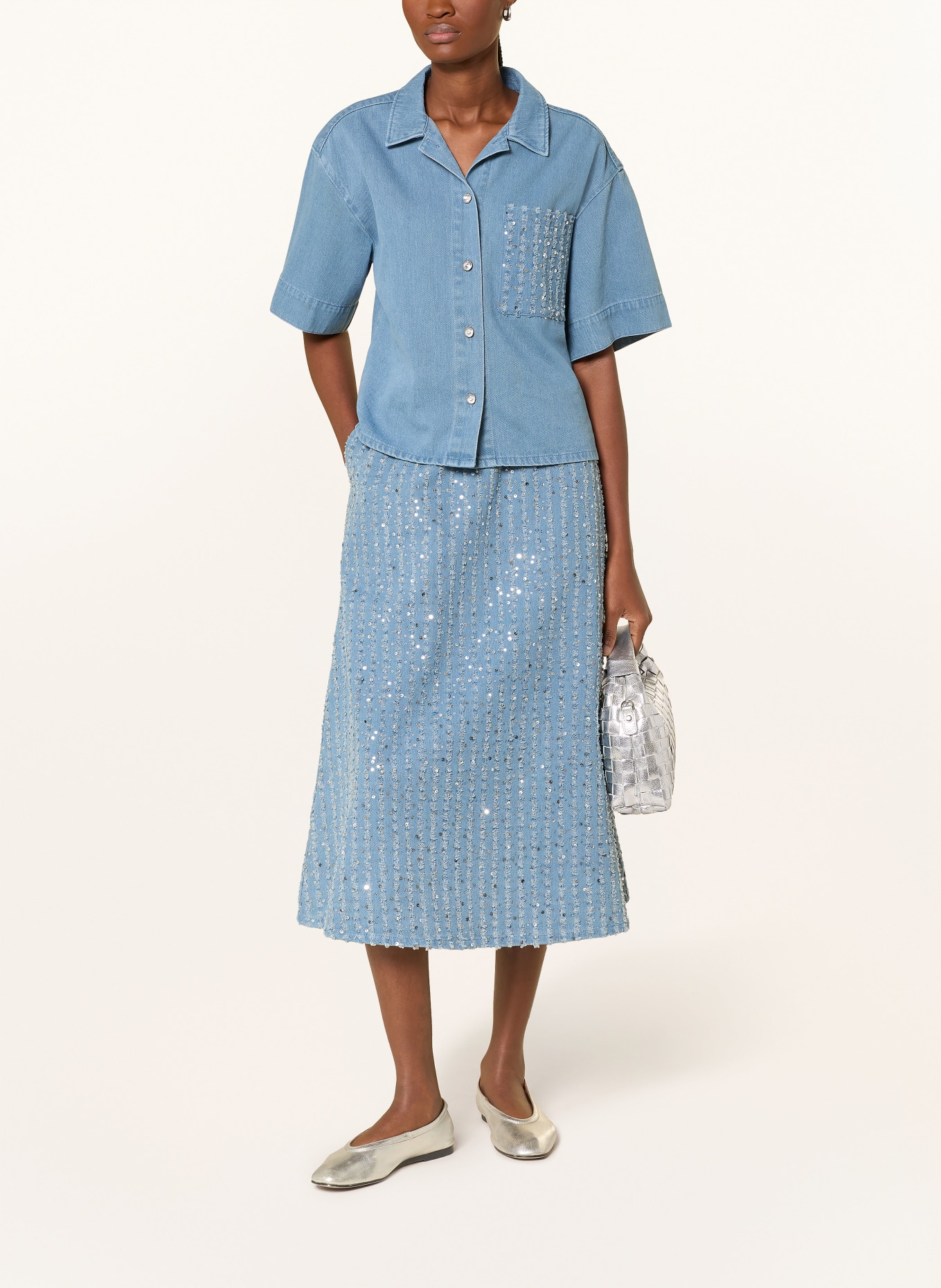 MILANO ITALY Jeansbluse mit Pailletten: HELLBLAU