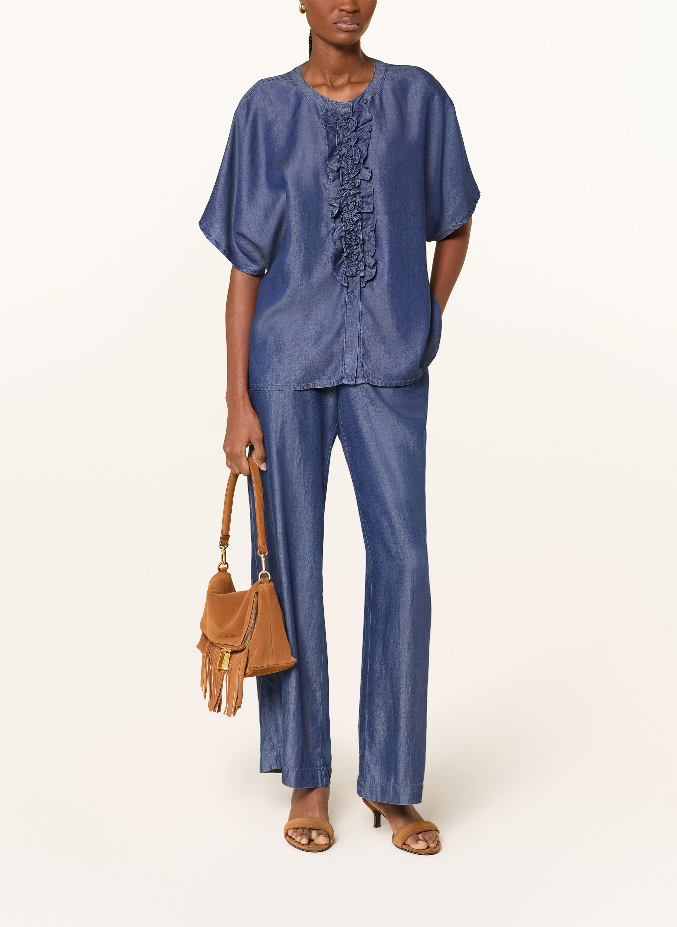 MILANO ITALY Bluse in Jeansoptik mit Rüschen: DUNKELBLAU