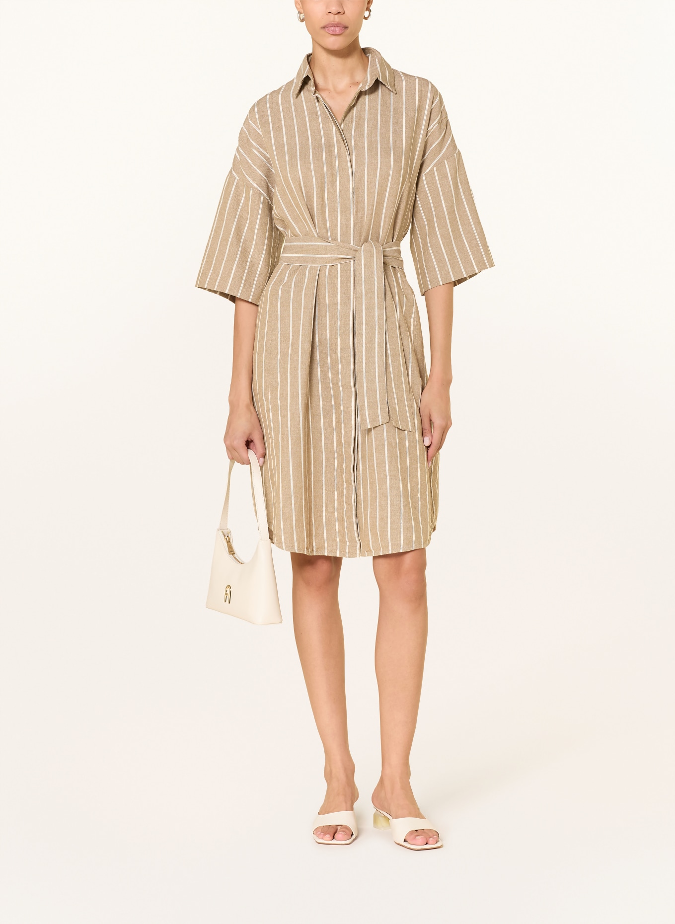 0039 ITALY Lněné šaty s 3/4 rukávy: BÉŽOVÁ / ZLATÁ / BÍLÁ