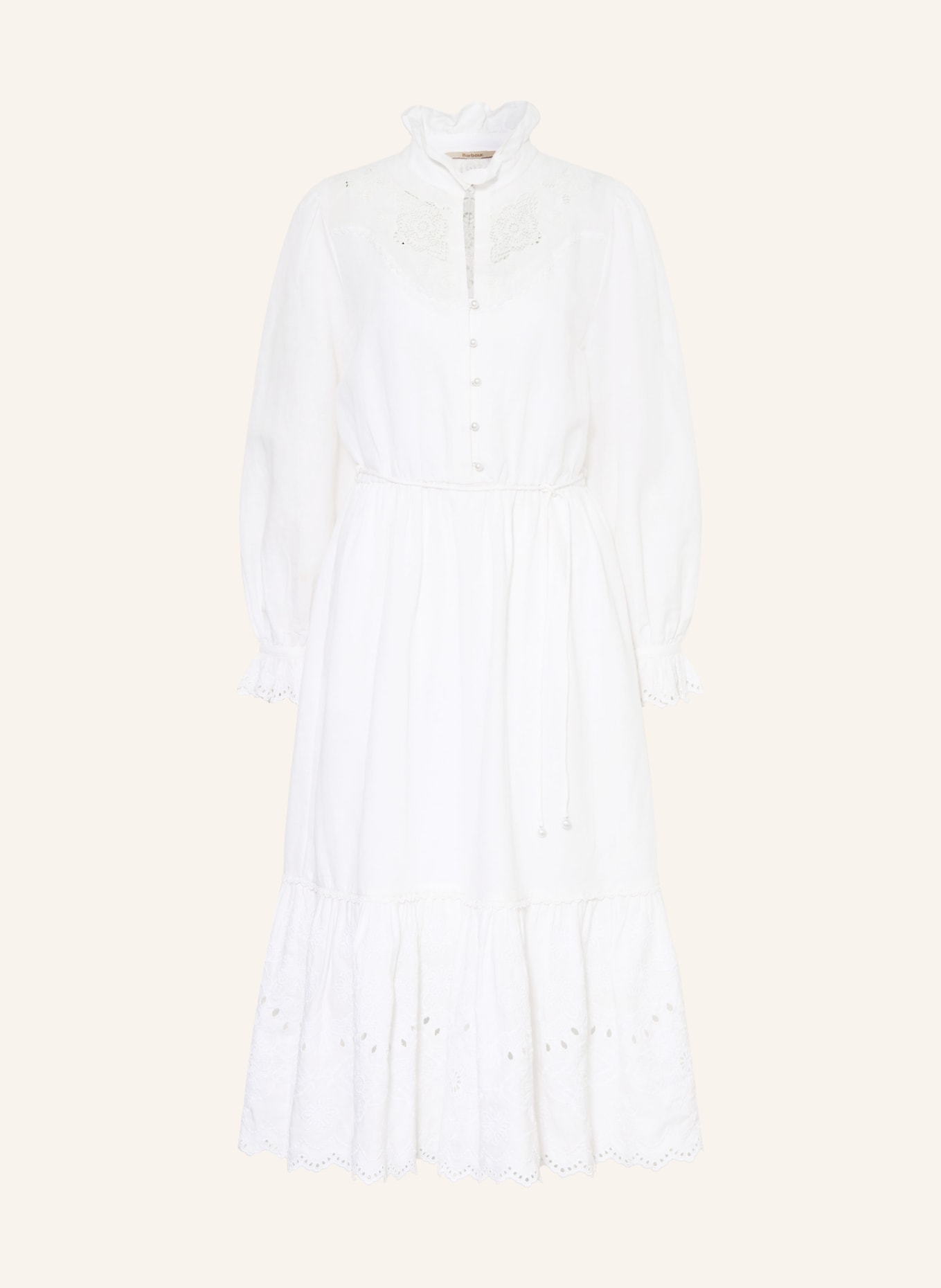 Barbour Kleid mit Lochspitze und Rüschen: WEISS
