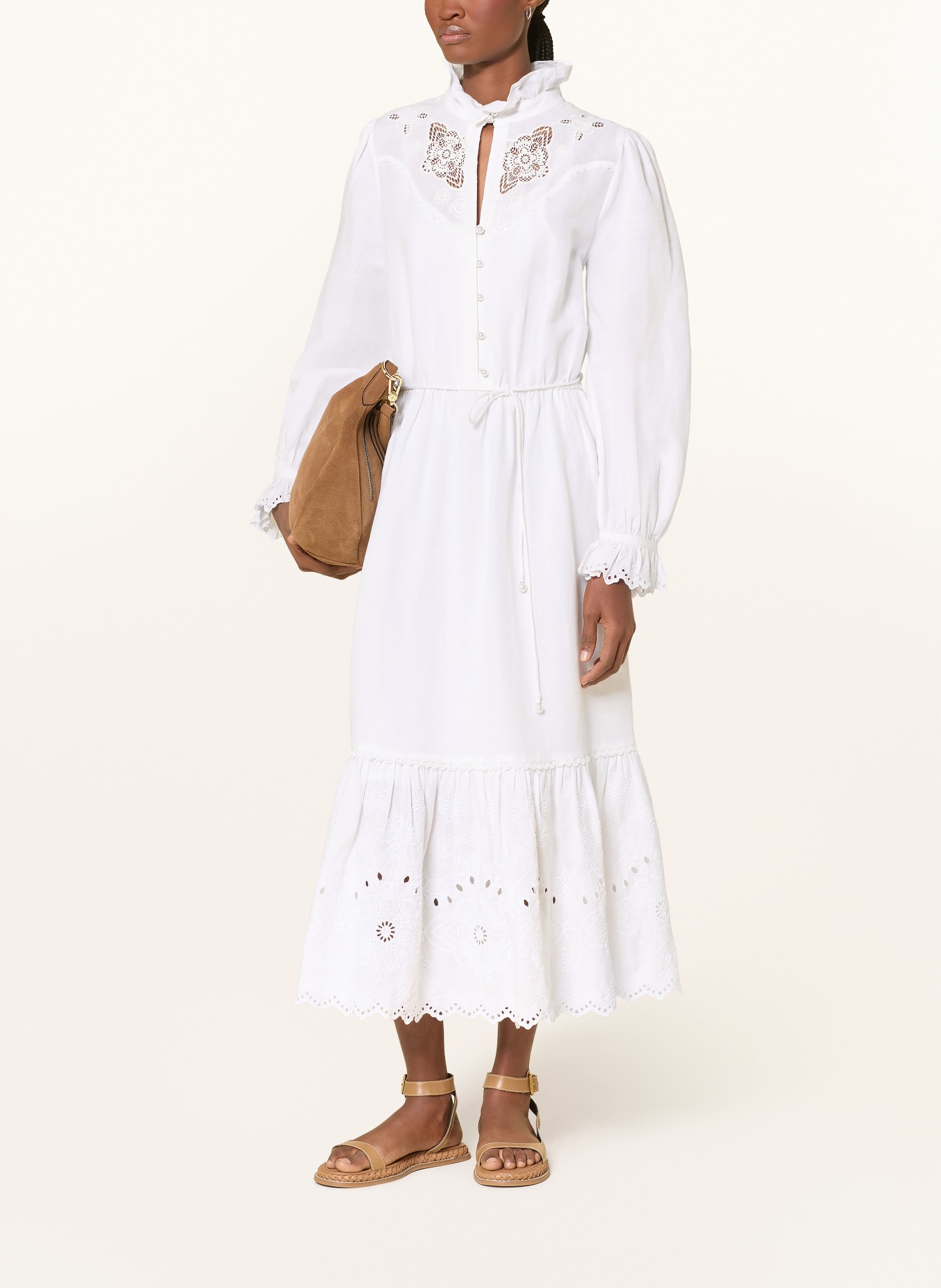 Barbour Kleid mit Lochspitze und Rüschen: WEISS