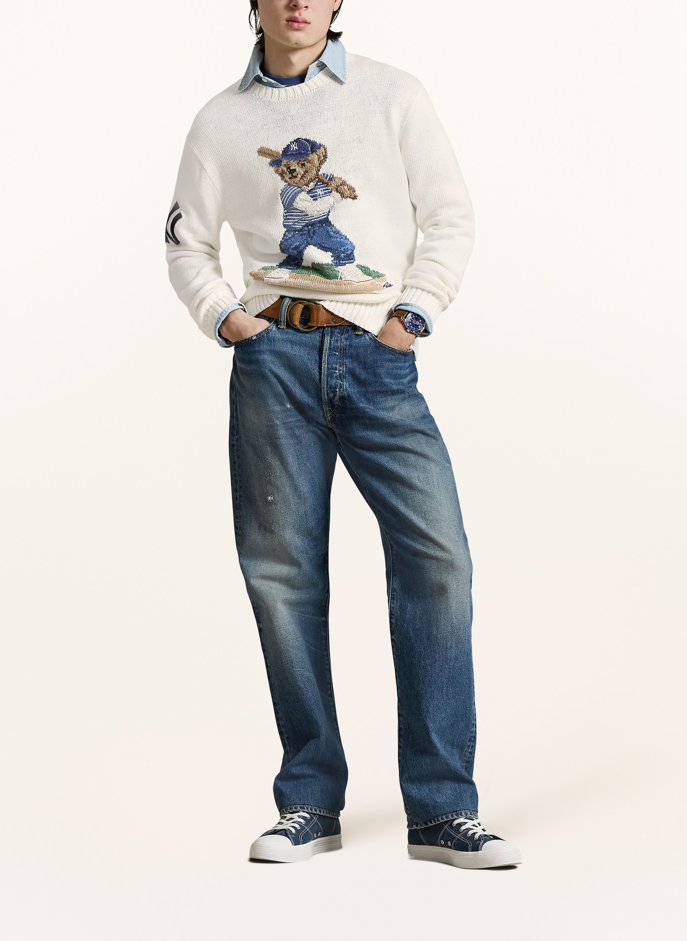 POLO RALPH LAUREN Pullover mit Leinen: WEISS / BLAU