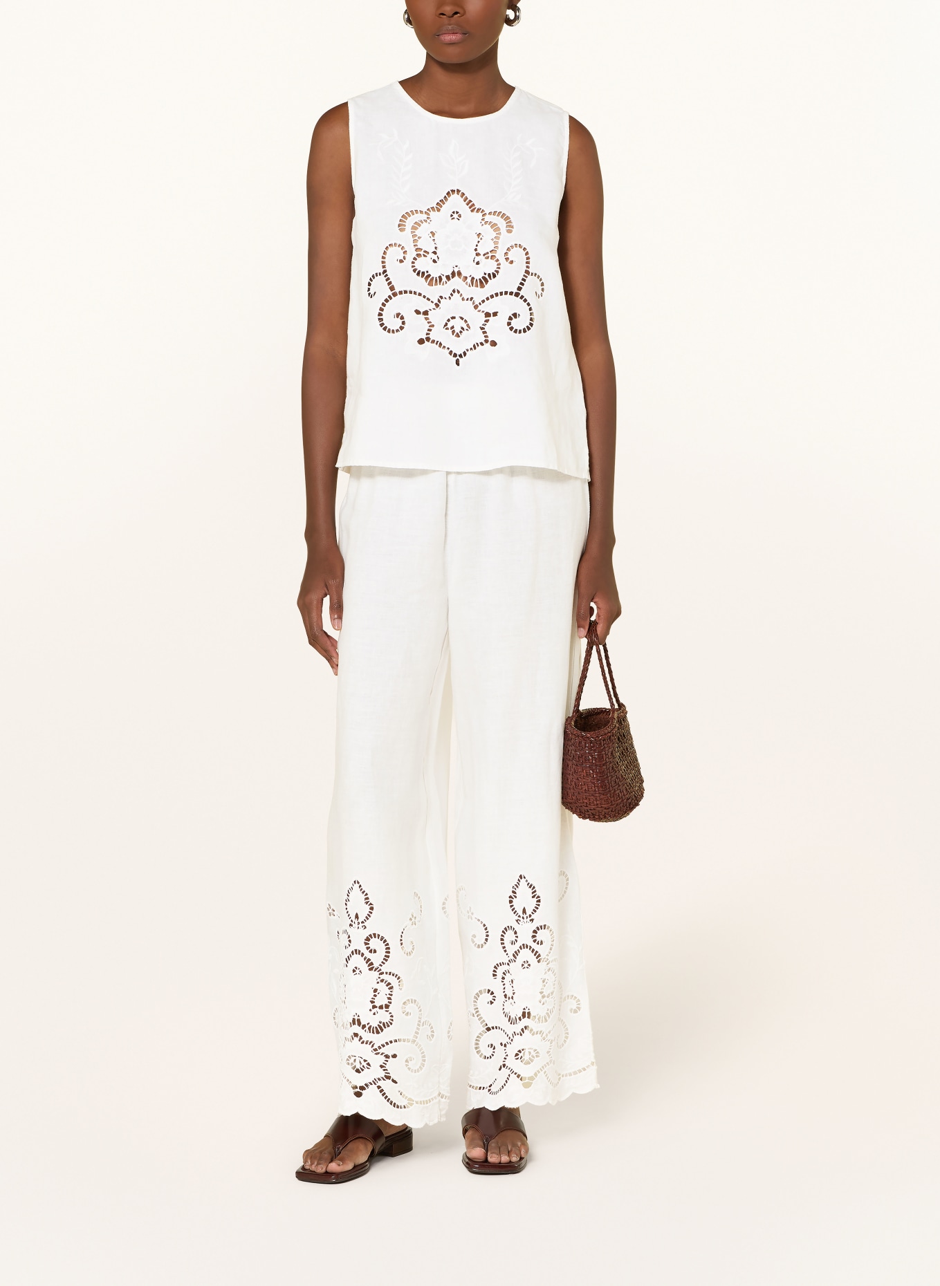 ANGOOR Marlenehose CARINA aus Leinen mit Lochspitze: ECRU