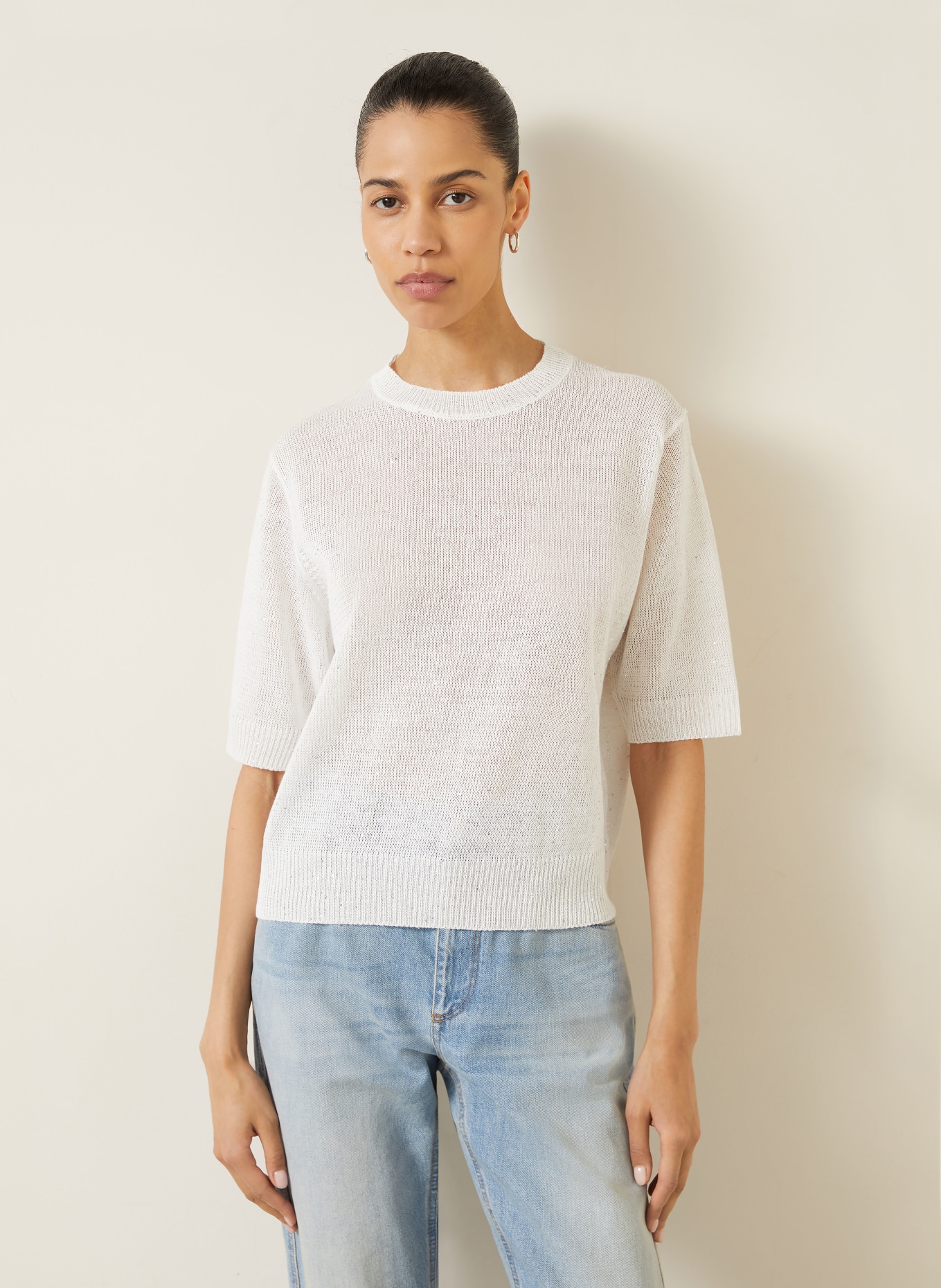 BRUNELLO CUCINELLI Pletené tričko z lnu s flitry: BÍLÁ / STŘÍBRNÁ