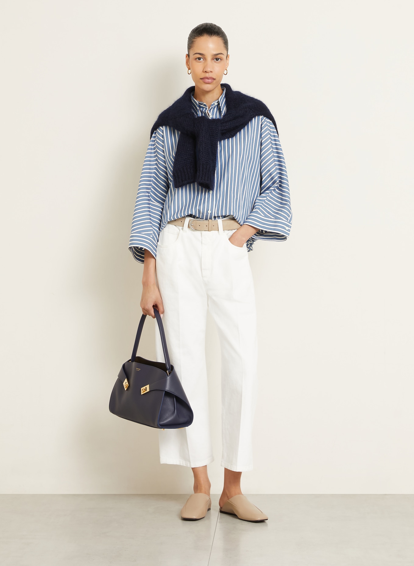 BRUNELLO CUCINELLI Oversized-Hemdbluse mit 3/4-Arm: HELLBLAU / BRAUN / WEISS