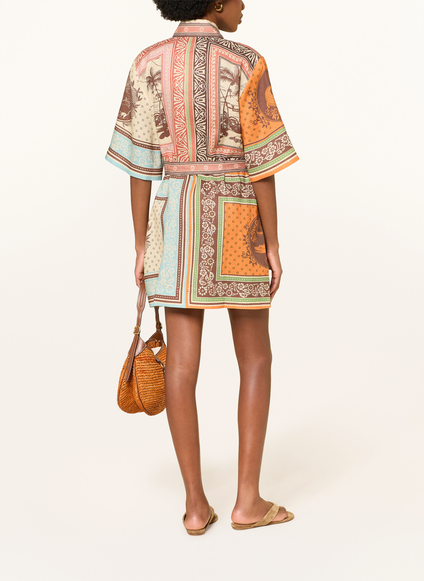 ALÉMAIS Lněné šaty ALBERTA: TMAVĚ HNĚDÁ / BÉŽOVÁ / TMAVĚ ORANŽOVÁ