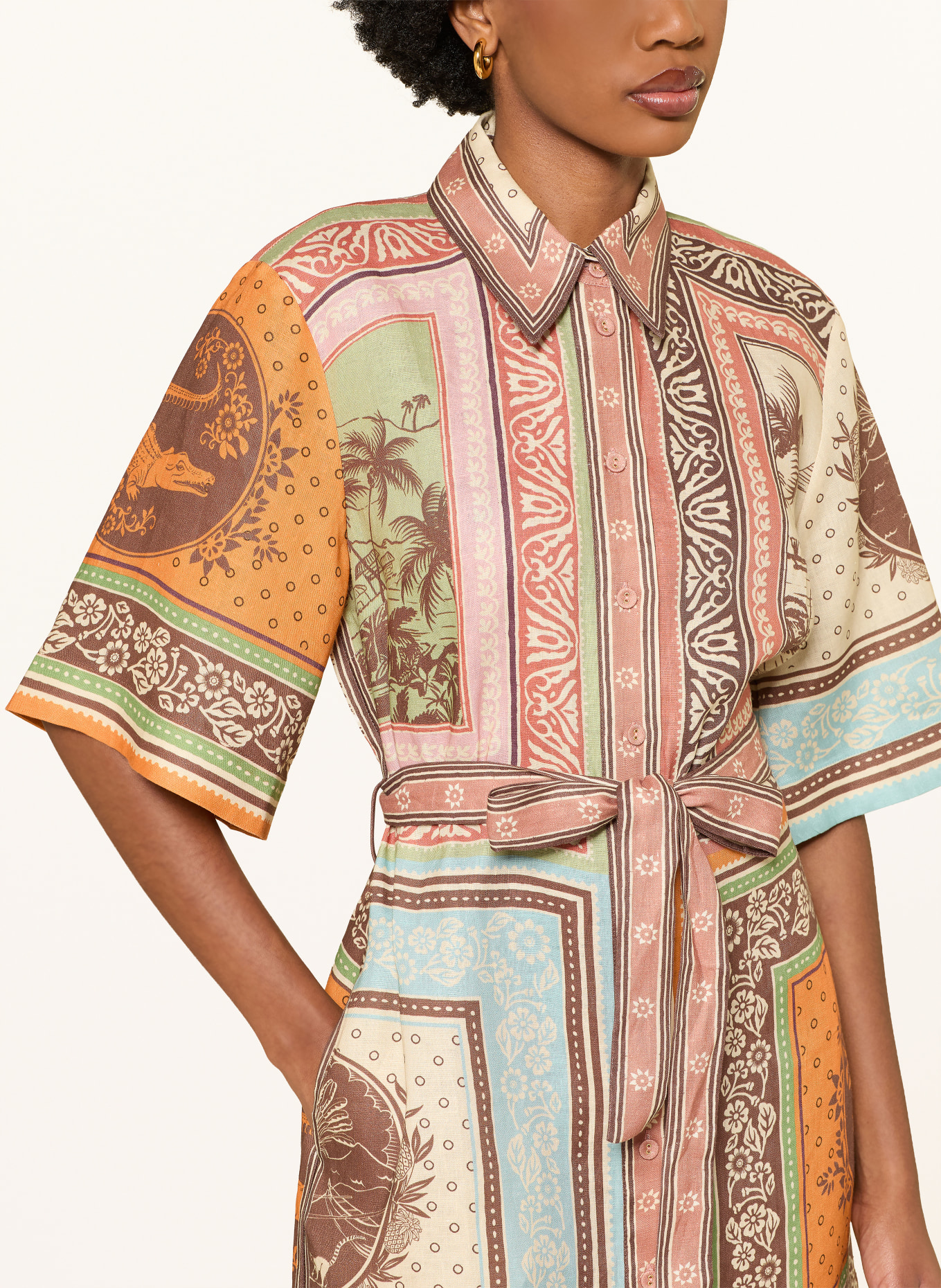 ALÉMAIS Lněné šaty ALBERTA: TMAVĚ HNĚDÁ / BÉŽOVÁ / TMAVĚ ORANŽOVÁ