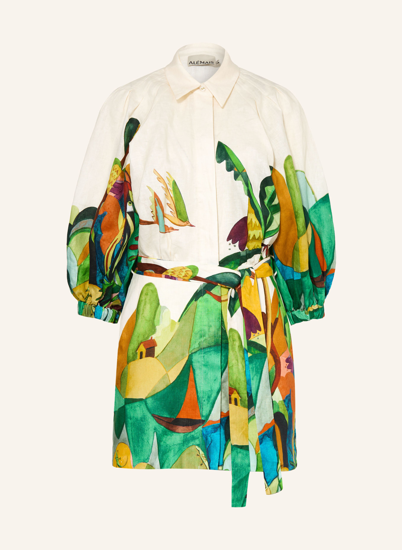 ALÉMAIS Lněné šaty MOKSHINI s 3/4 rukávy: BÍLÁ / TMAVĚ ORANŽOVÁ / ZELENÁ