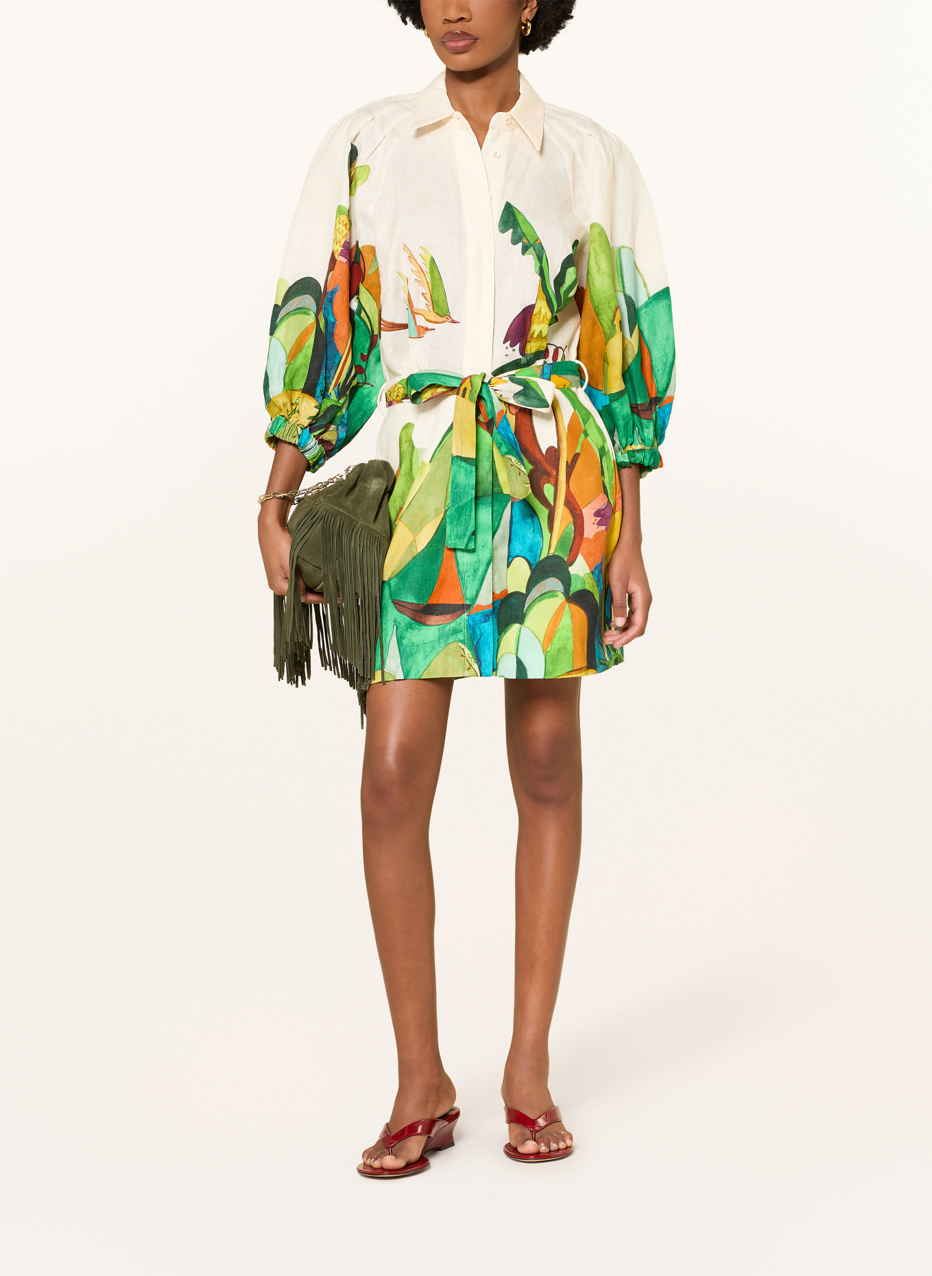 ALÉMAIS Lněné šaty MOKSHINI s 3/4 rukávy: BÍLÁ / TMAVĚ ORANŽOVÁ / ZELENÁ