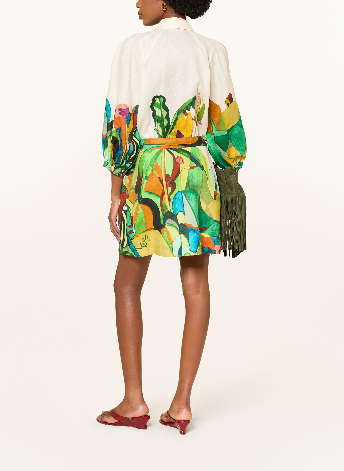 ALÉMAIS Lněné šaty MOKSHINI s 3/4 rukávy: BÍLÁ / TMAVĚ ORANŽOVÁ / ZELENÁ