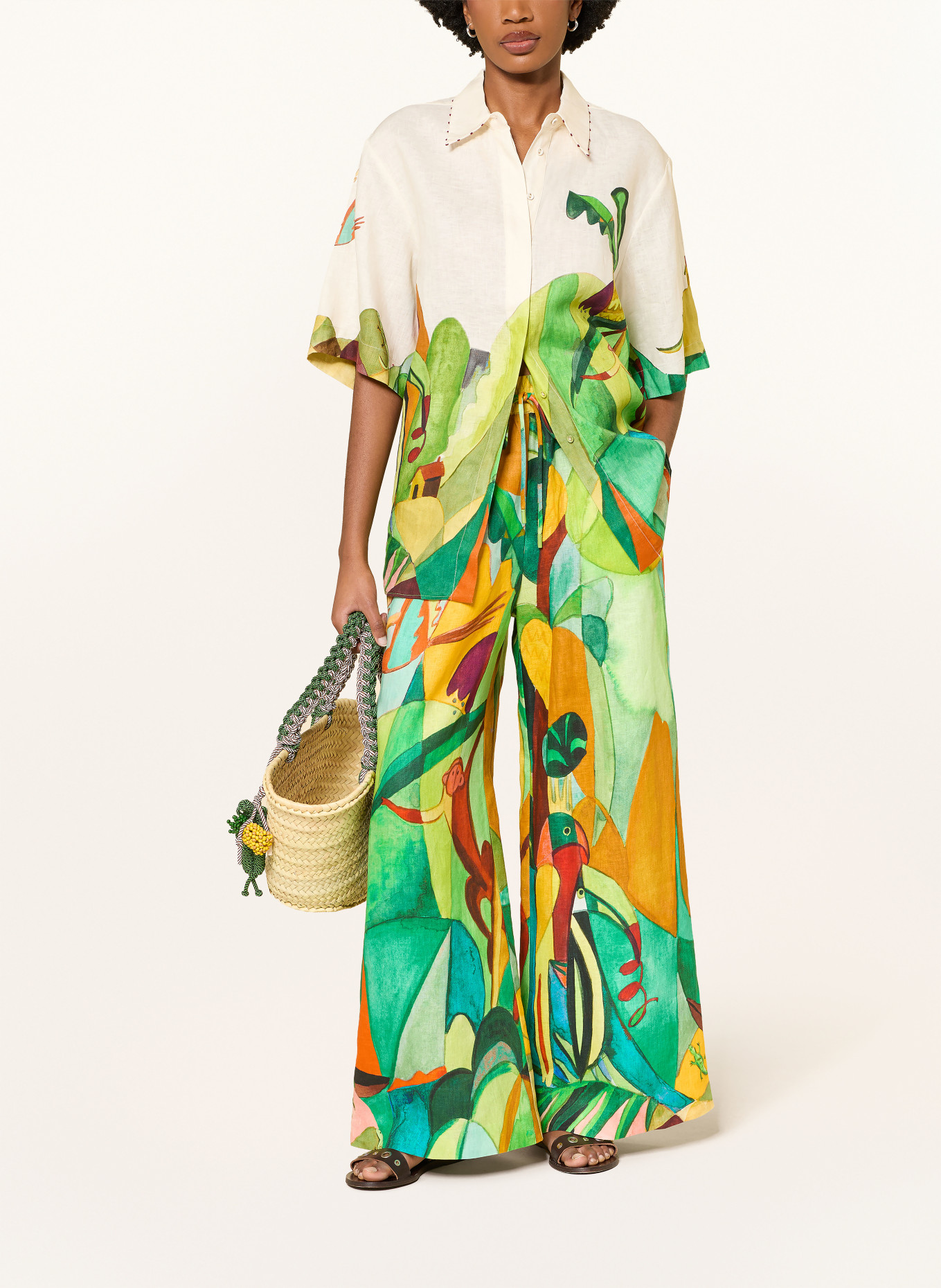 ALÉMAIS Lněné kalhoty Marlene MOKSHINI: ZELENÁ / TMAVĚ ORANŽOVÁ / TMAVĚ ŽLUTÁ