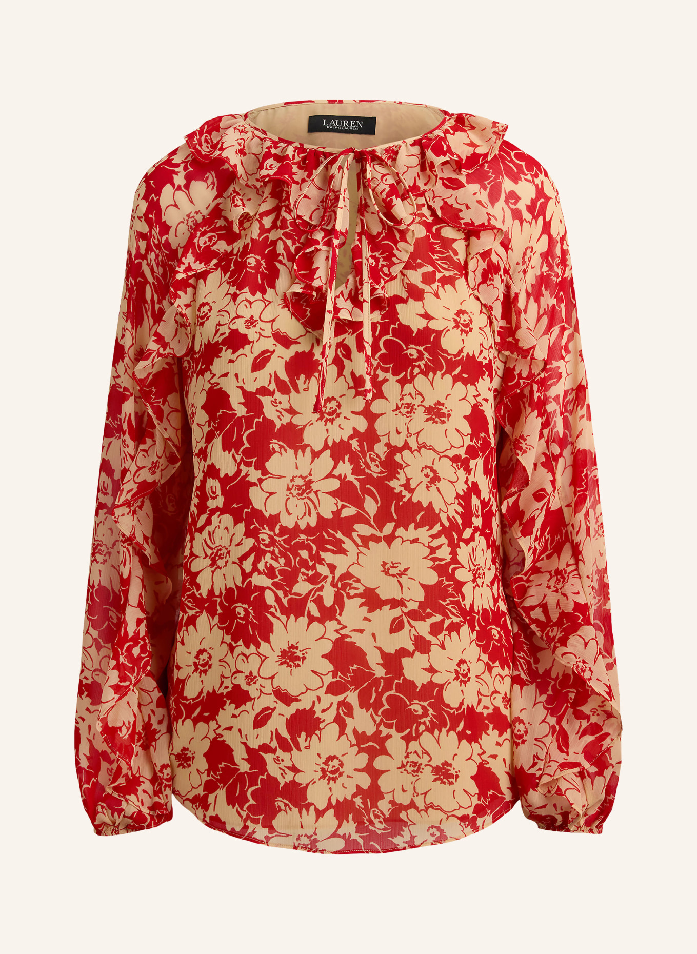 LAUREN RALPH LAUREN Blusenshirt mit Volants: ROT / BEIGE