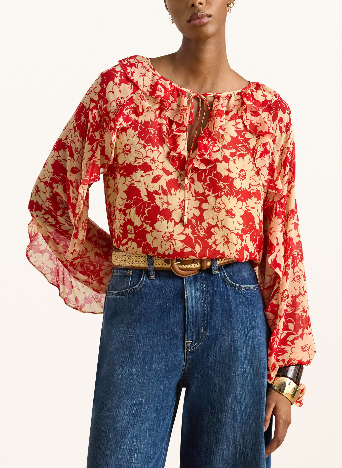 LAUREN RALPH LAUREN Blusenshirt mit Volants: ROT / BEIGE