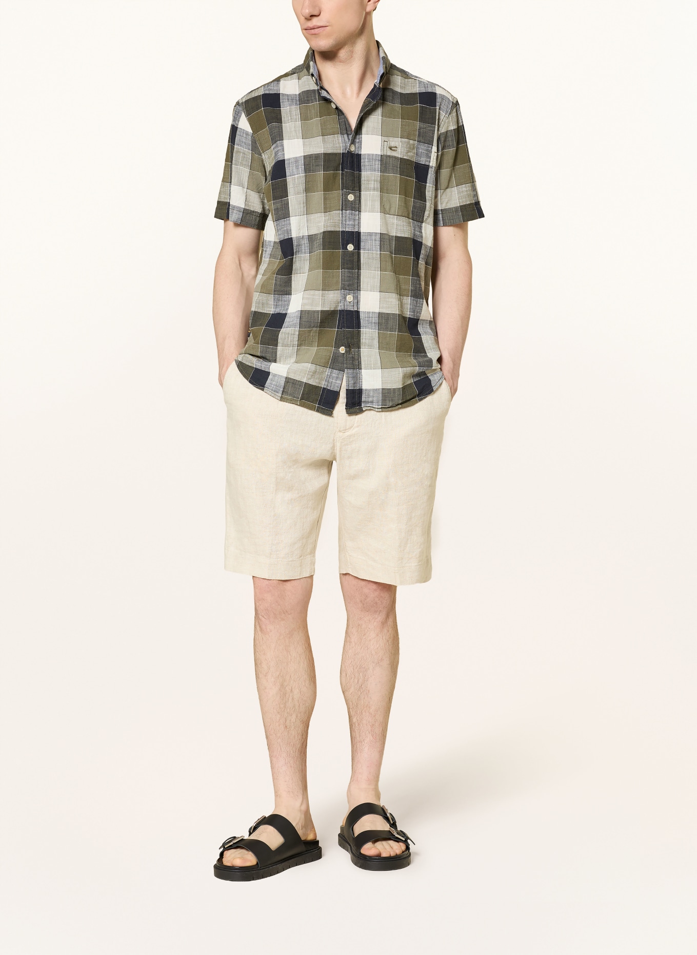 camel active Kurzarm-Hemd Regular Fit: KHAKI / CREME / SCHWARZ