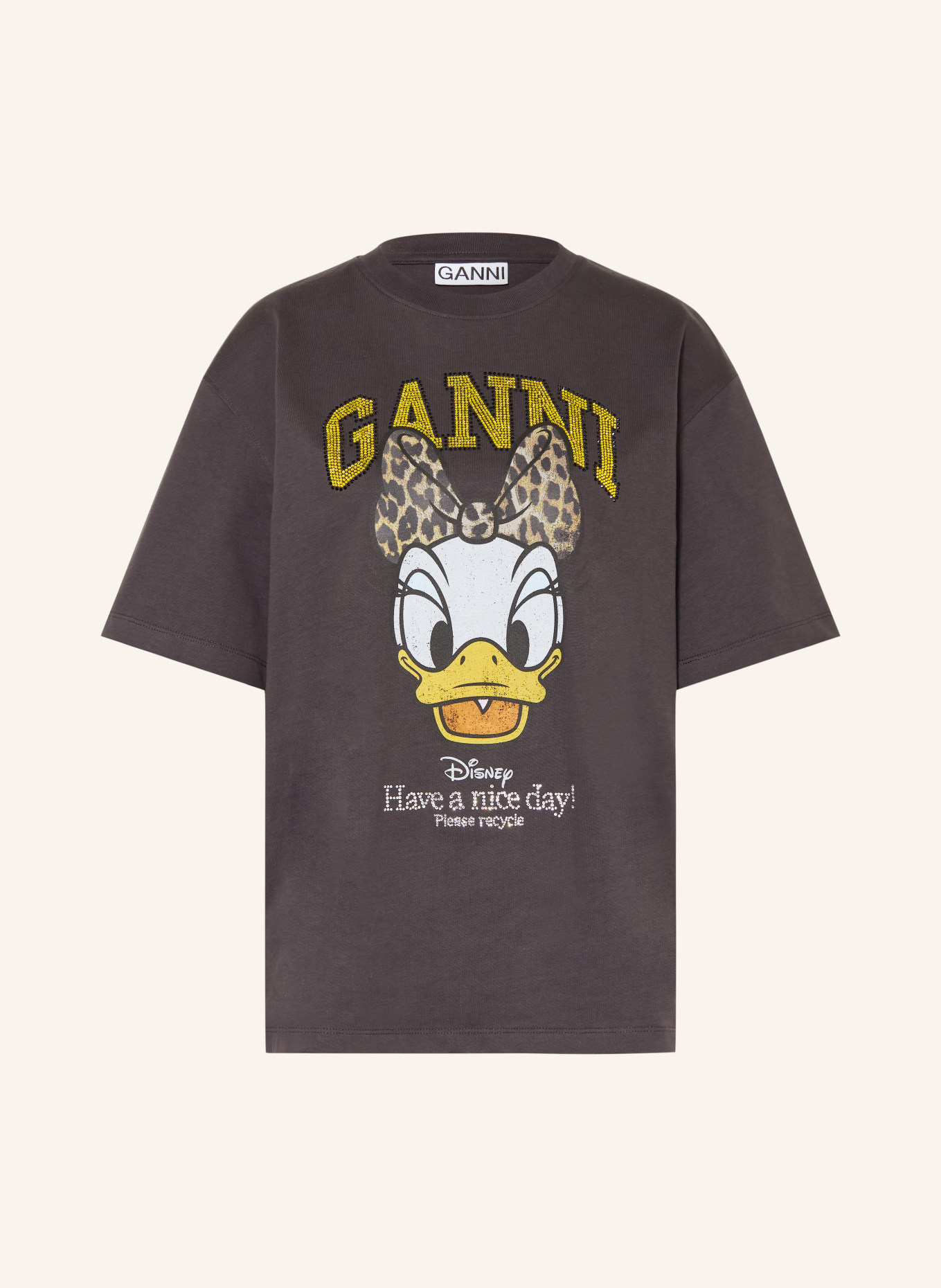 GANNI T-Shirt mit Schmucksteinen: DUNKELGRAU / BEIGE / GELB
