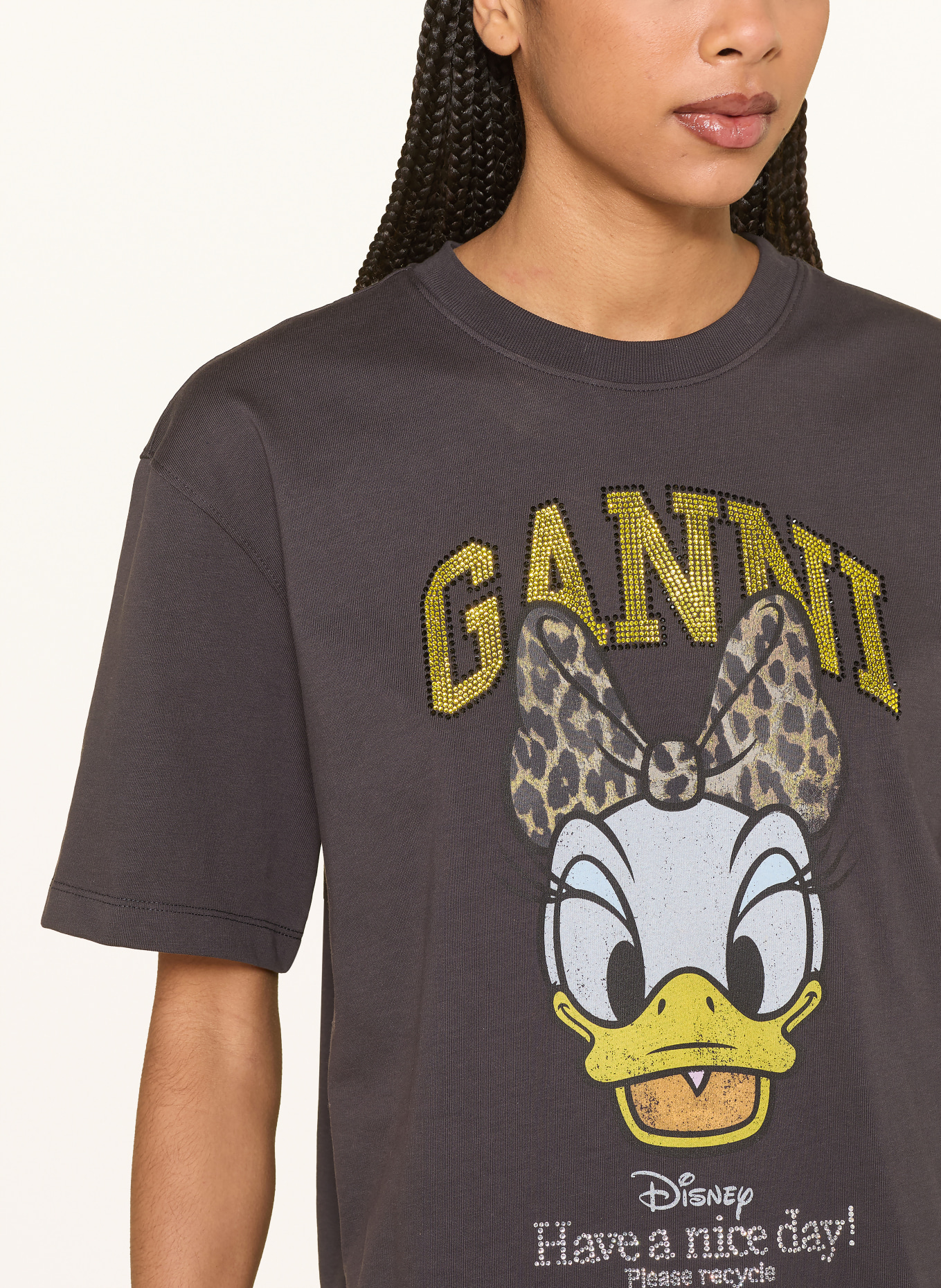 GANNI T-Shirt mit Schmucksteinen: DUNKELGRAU / BEIGE / GELB
