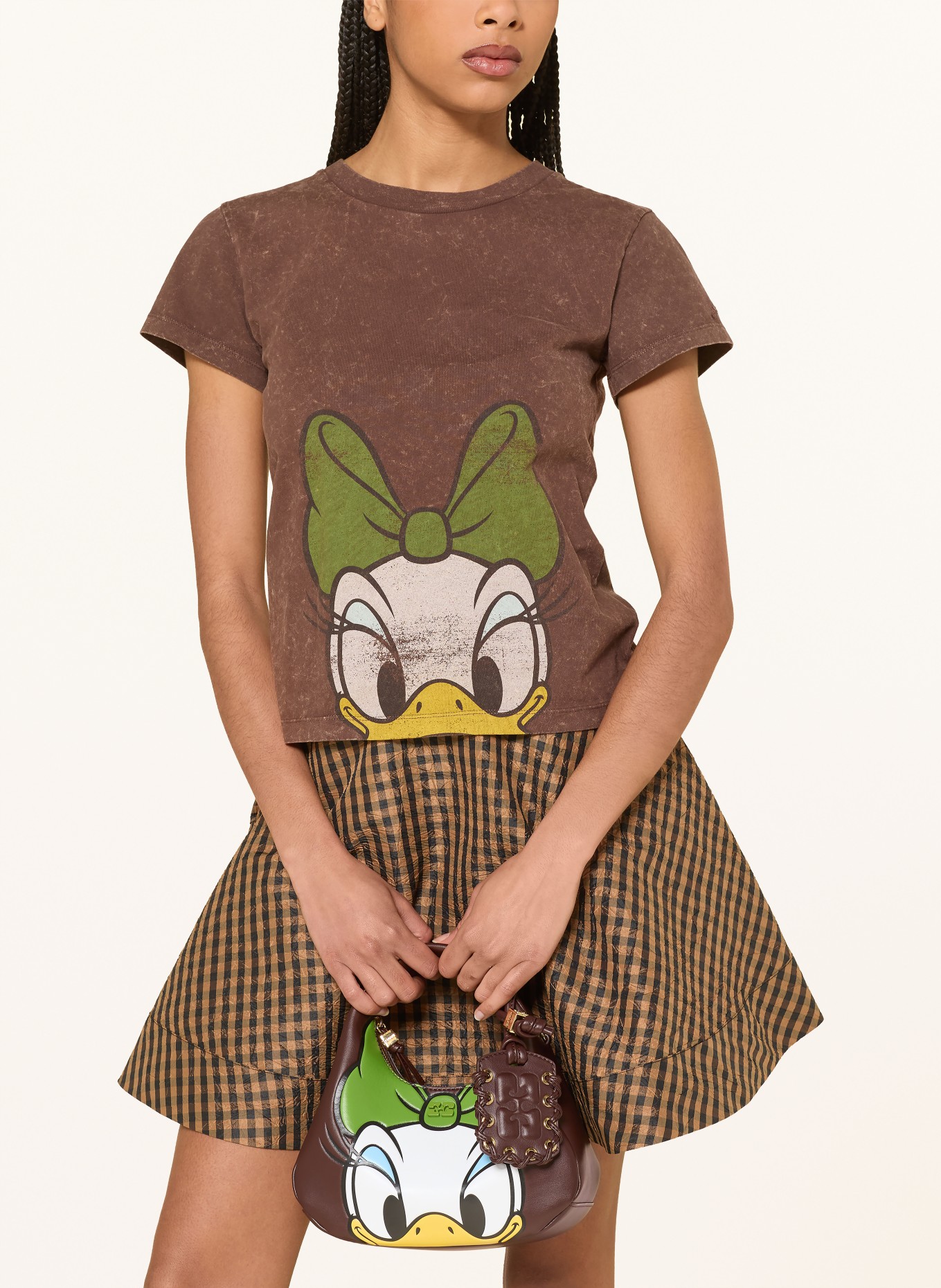 GANNI T-shirt: BROWN / YELLOW / GREEN