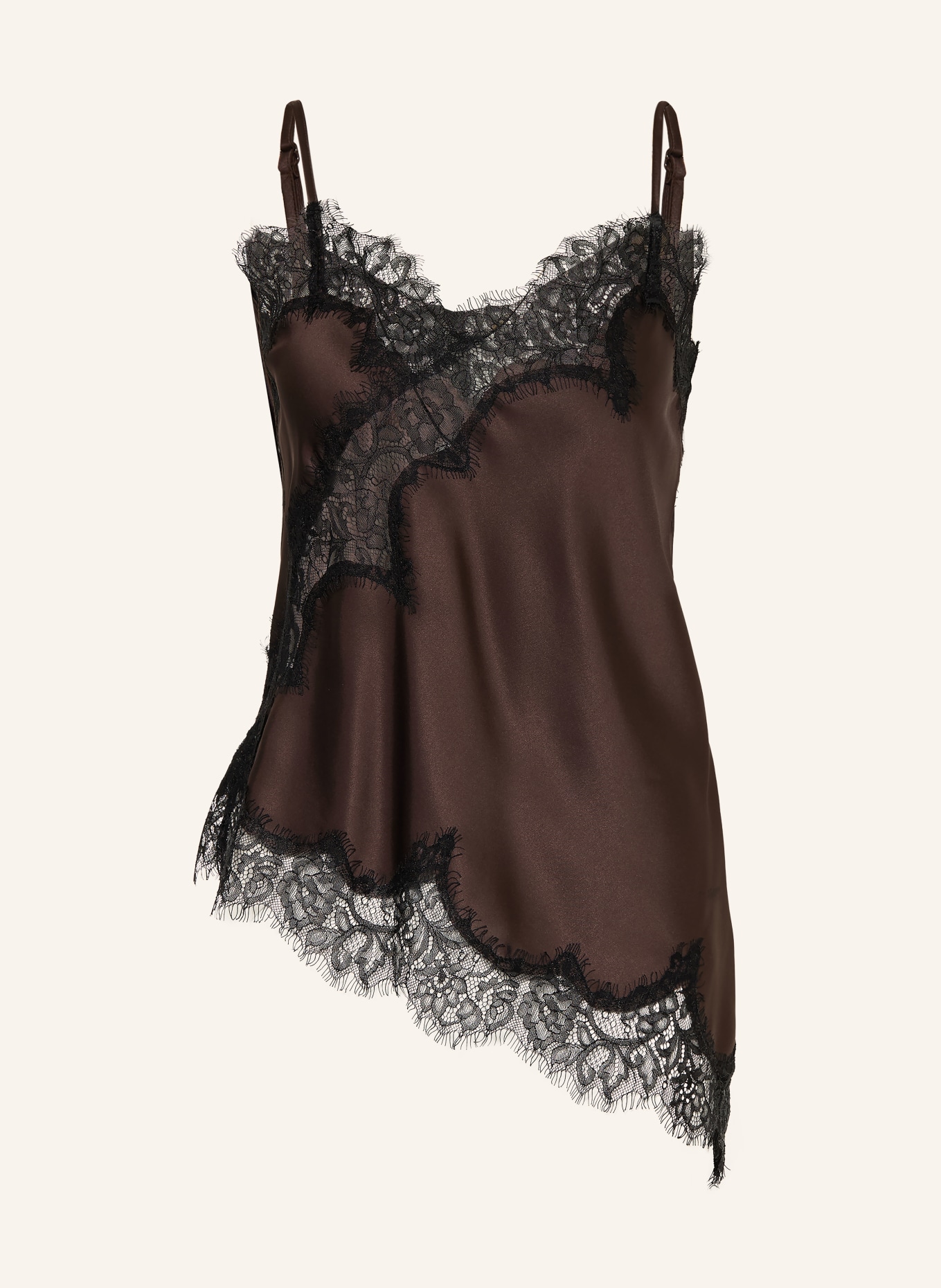 MRS & HUGS Saténové tričko s krajkou: TMAVĚ HNĚDÁ / ČERNÁ