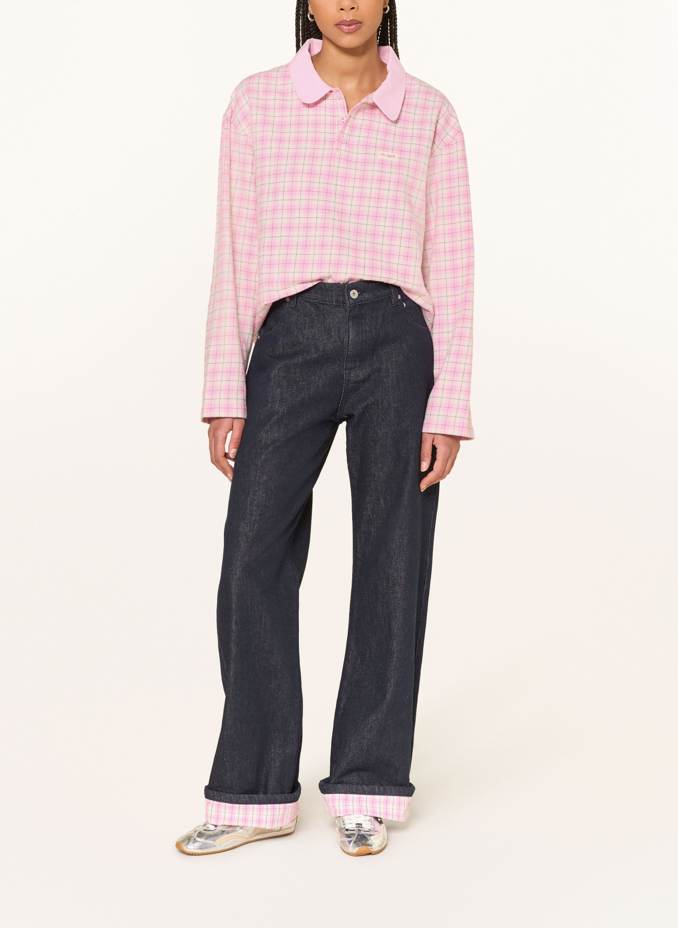 OH APRIL DIANA flannel polo shirt: PINK / CREAM