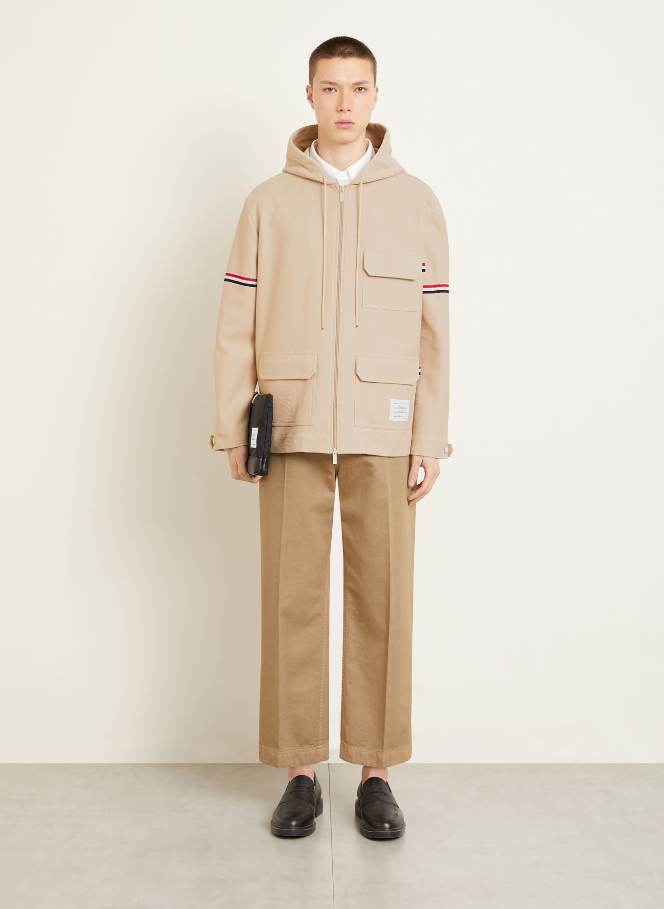 THOM BROWNE. jacket: LIGHT BROWN / NEON RED / BLACK