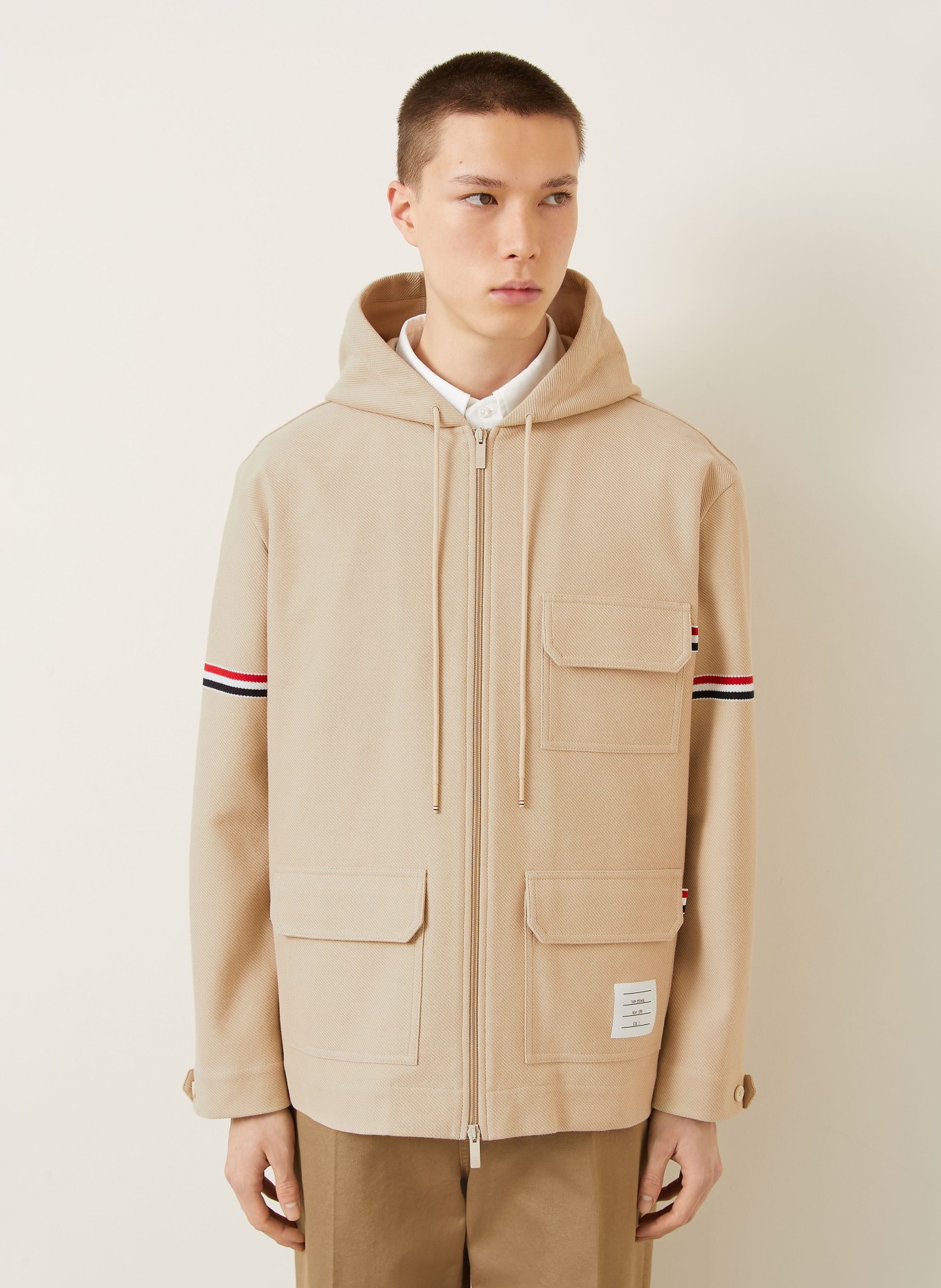 THOM BROWNE. jacket: LIGHT BROWN / NEON RED / BLACK