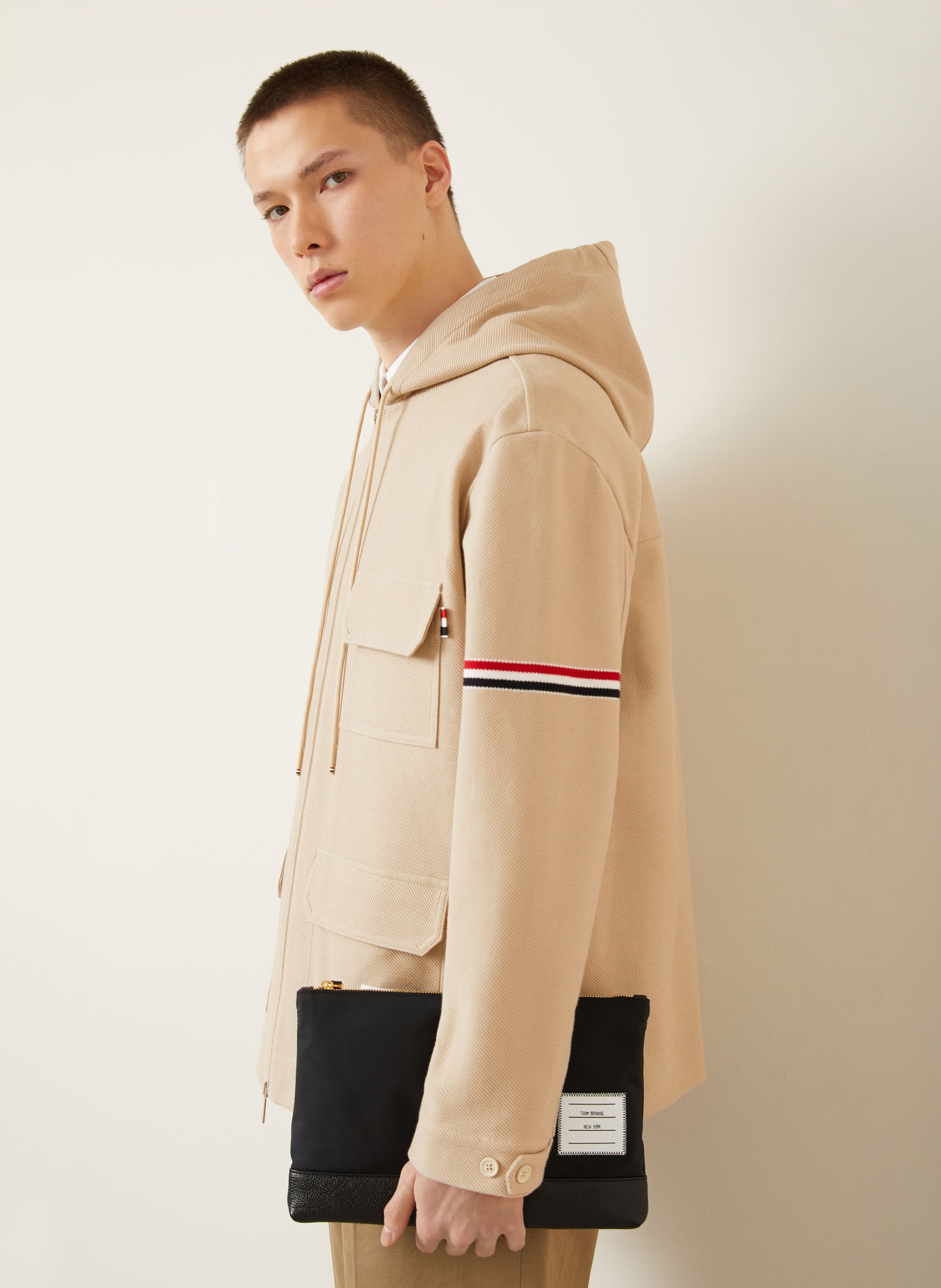 THOM BROWNE. jacket: LIGHT BROWN / NEON RED / BLACK