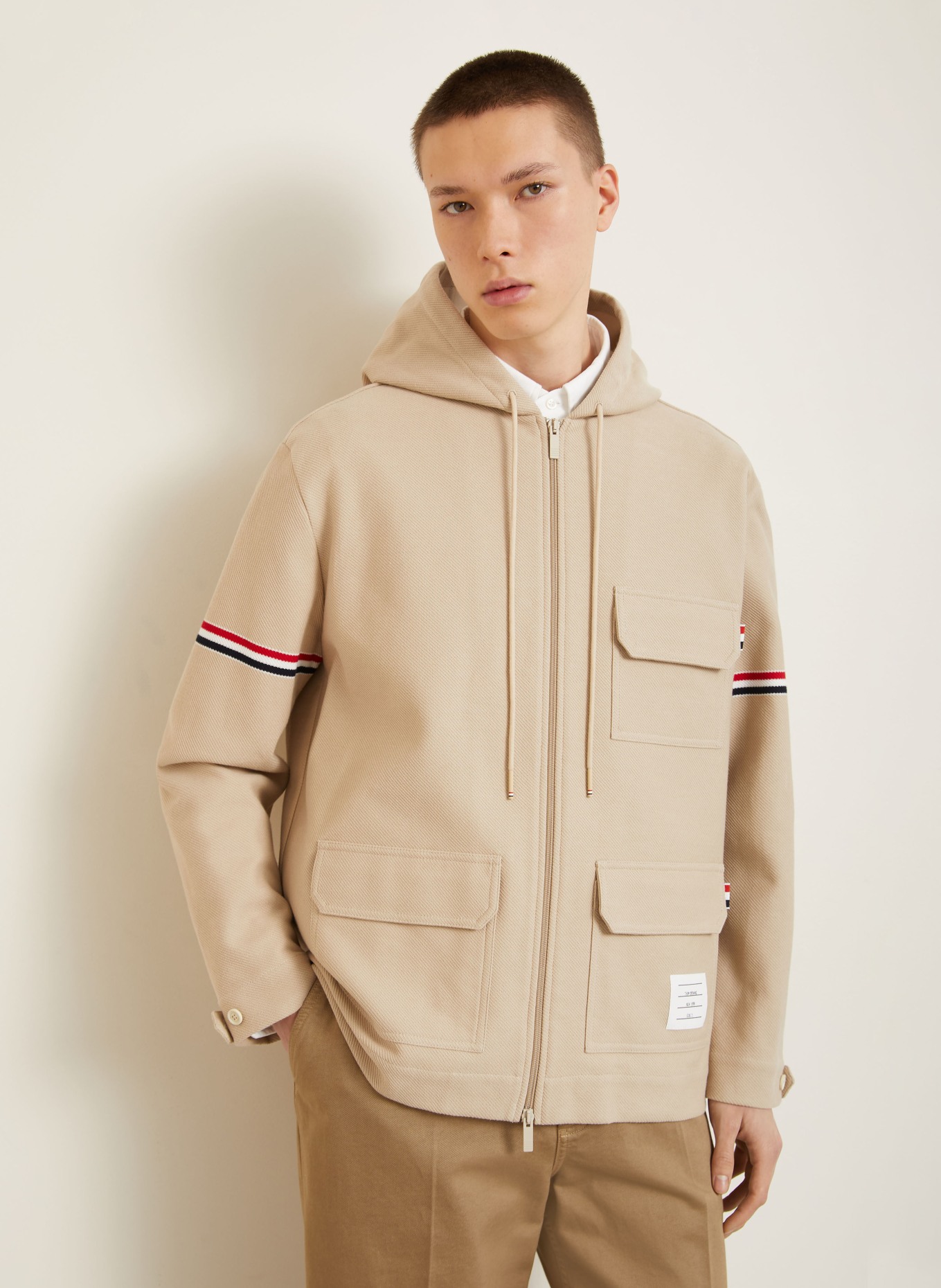 THOM BROWNE. jacket: LIGHT BROWN / NEON RED / BLACK