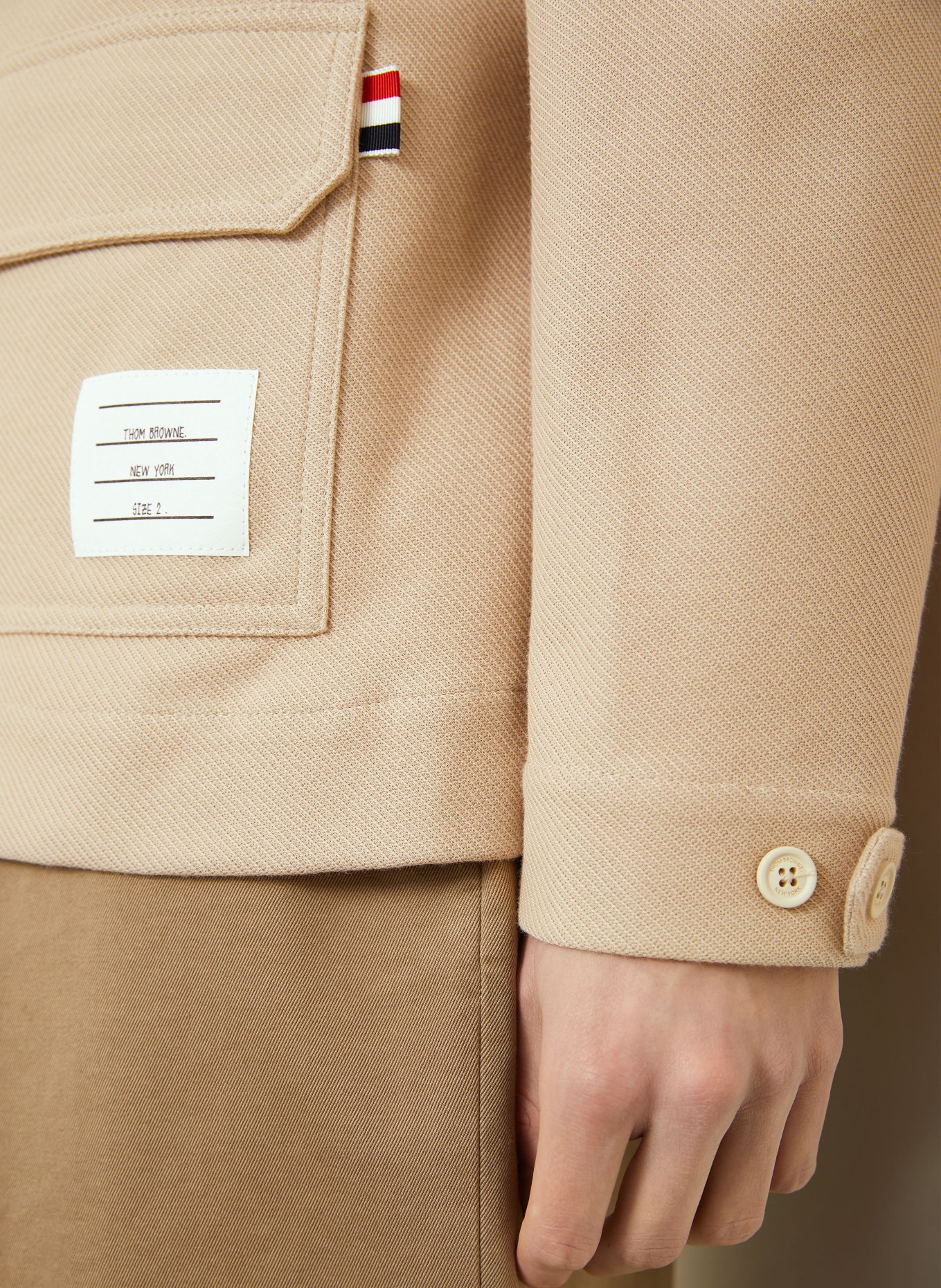 THOM BROWNE. jacket: LIGHT BROWN / NEON RED / BLACK