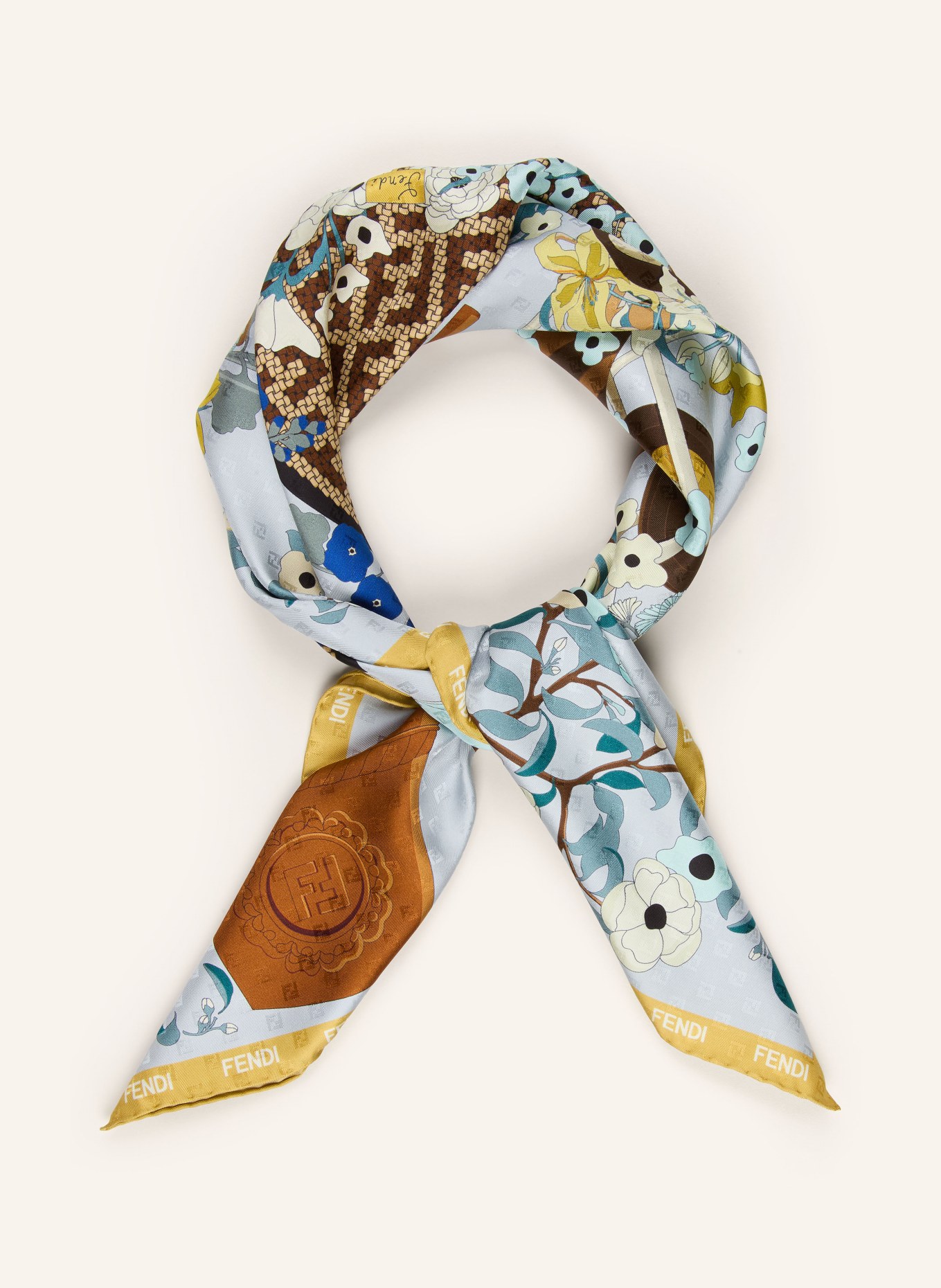 FENDI foulard en soie: BLEU CLAIR / CRÈME / BLEU PÉTROLE