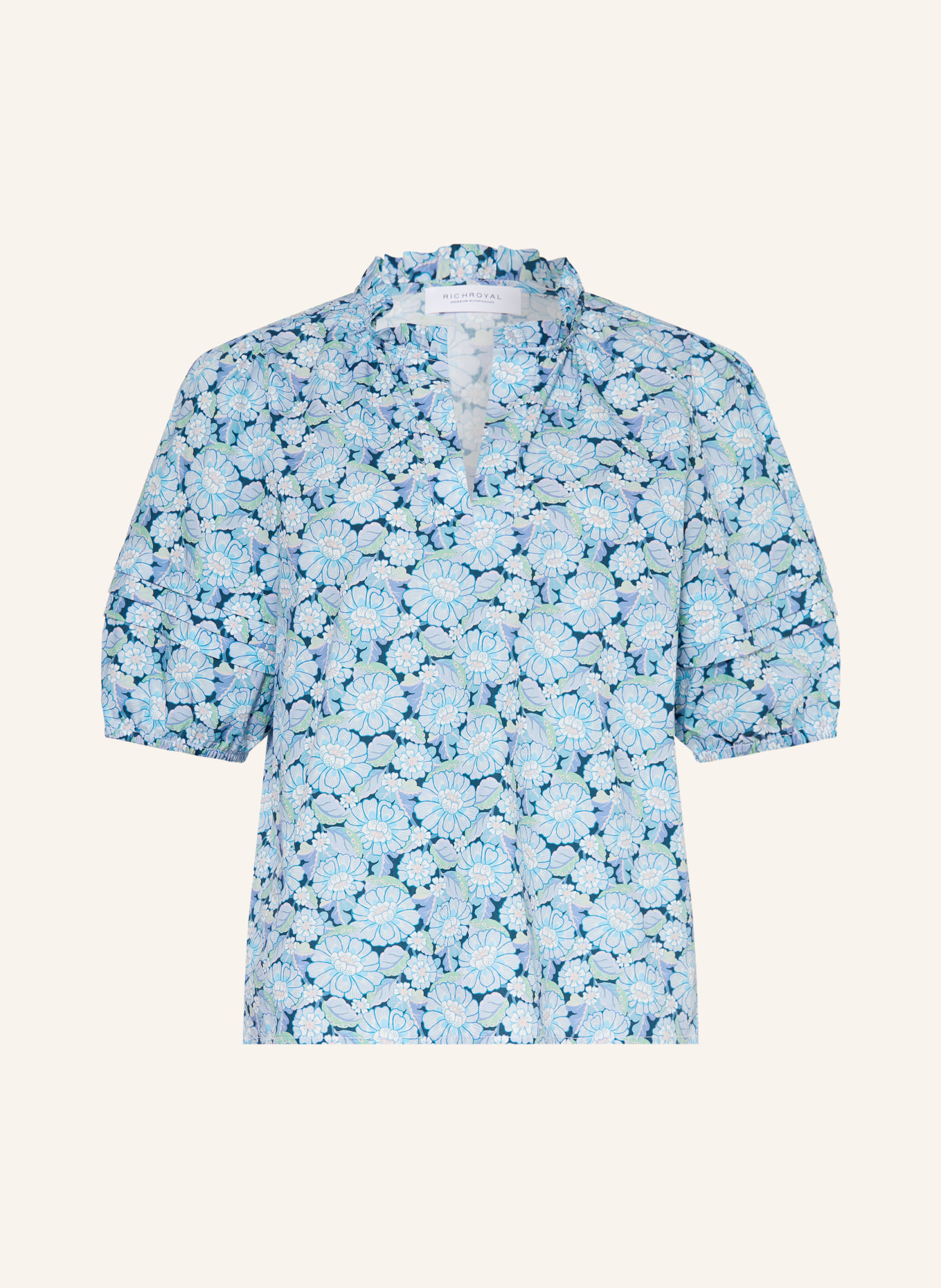 Rich & Royal Blusenshirt mit 3/4-Arm und Rüschen: HELLBLAU / DUNKELBLAU / WEISS