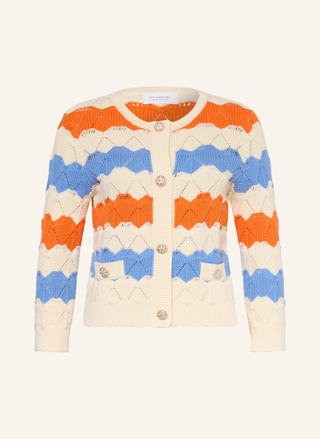 Rich & Royal cardigan: CRÈME / ORANGE / BLEU