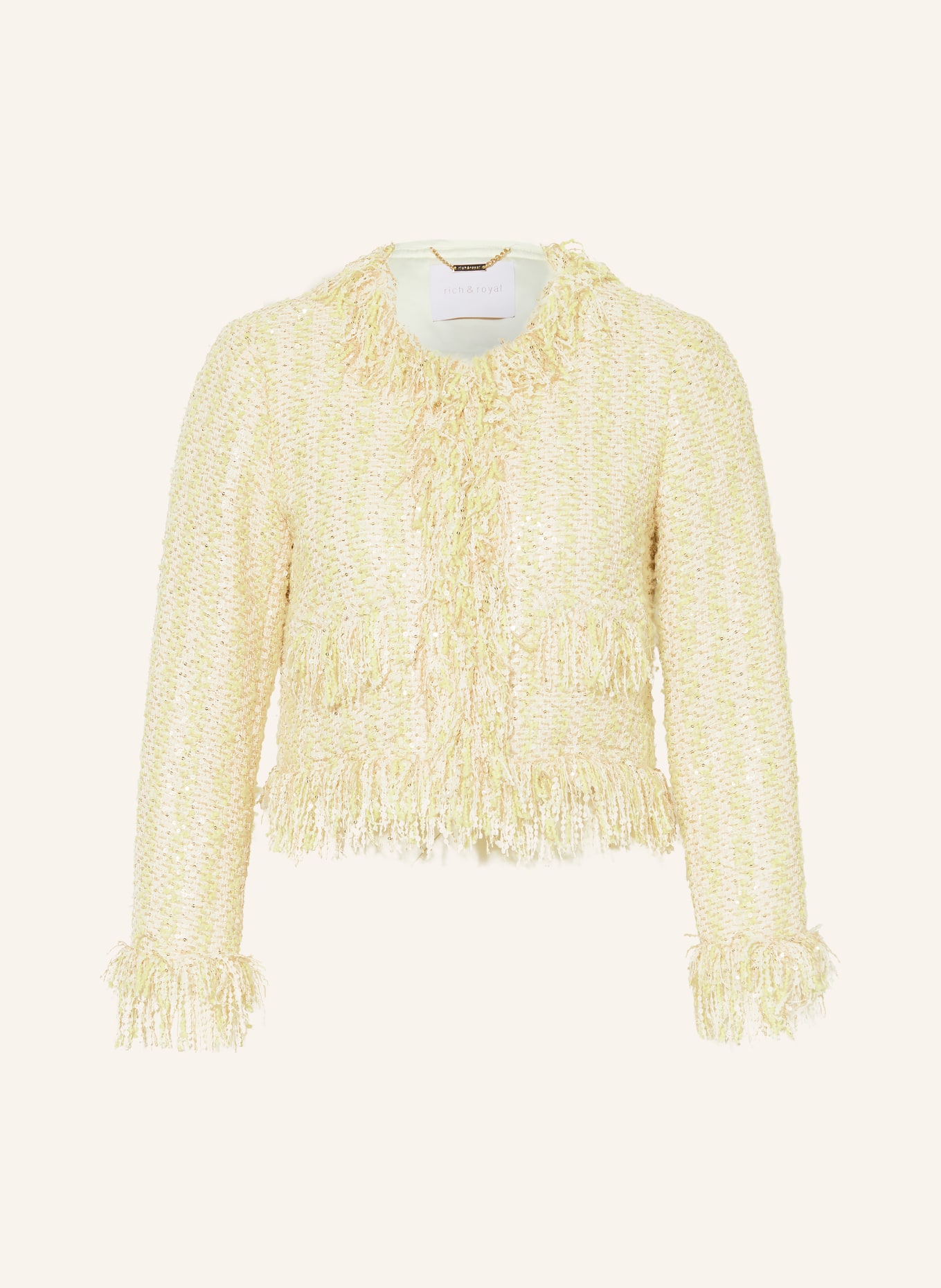 Rich & Royal Veste carrée en bouclé avec paillettes: VERT CLAIR / ARGENT / CRÈME