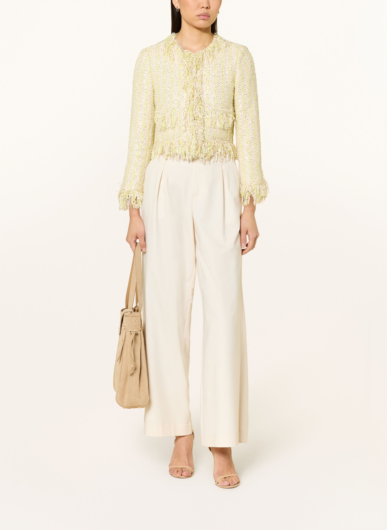 Rich & Royal Veste carrée en bouclé avec paillettes: VERT CLAIR / ARGENT / CRÈME