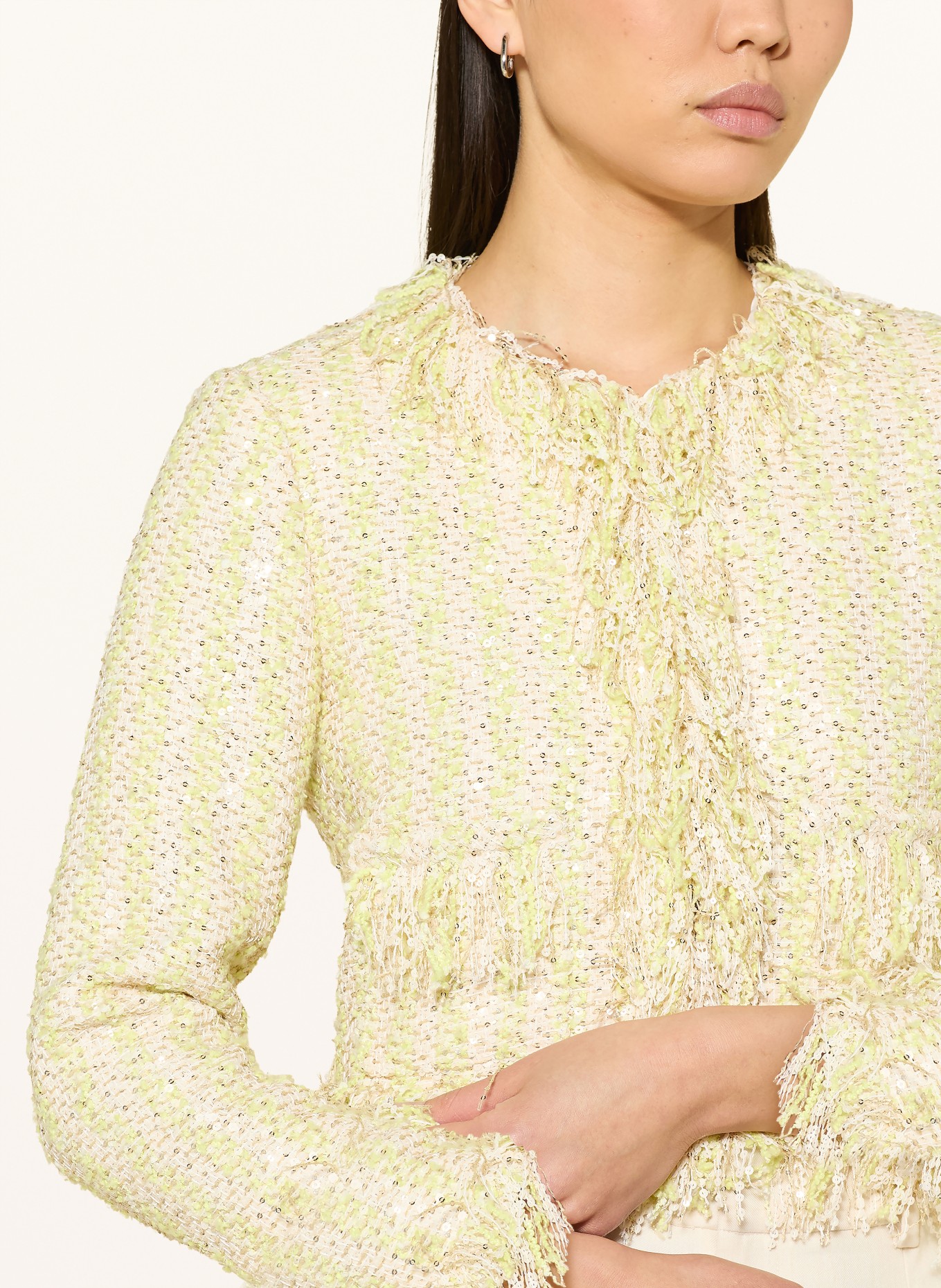 Rich & Royal Veste carrée en bouclé avec paillettes: VERT CLAIR / ARGENT / CRÈME