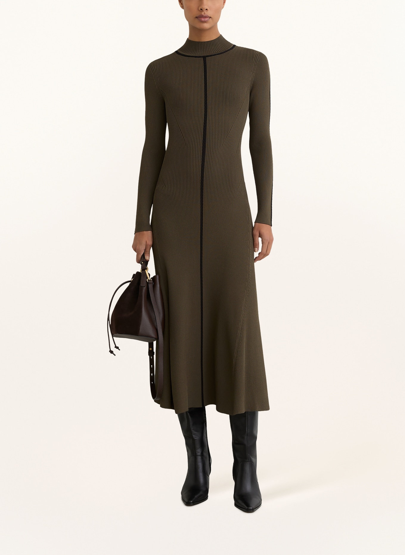 REISS Pletené šaty POLLY: KHAKI / ČERNÁ