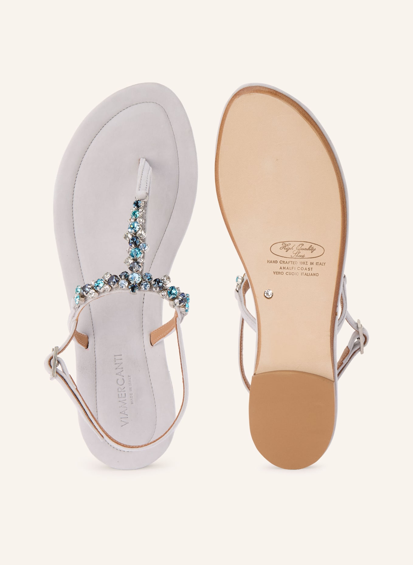 VIAMERCANTI Zehentrenner mit Schmucksteinen: HELLGRAU