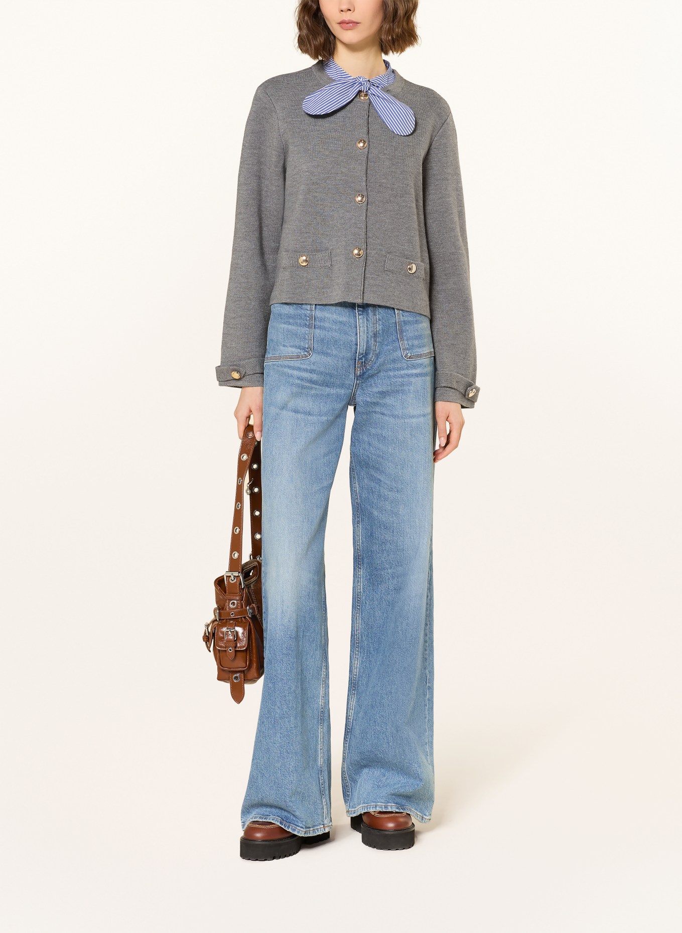 maje Strickjacke mit abnehmbarem Kragen: GRAU / BLAU / WEISS