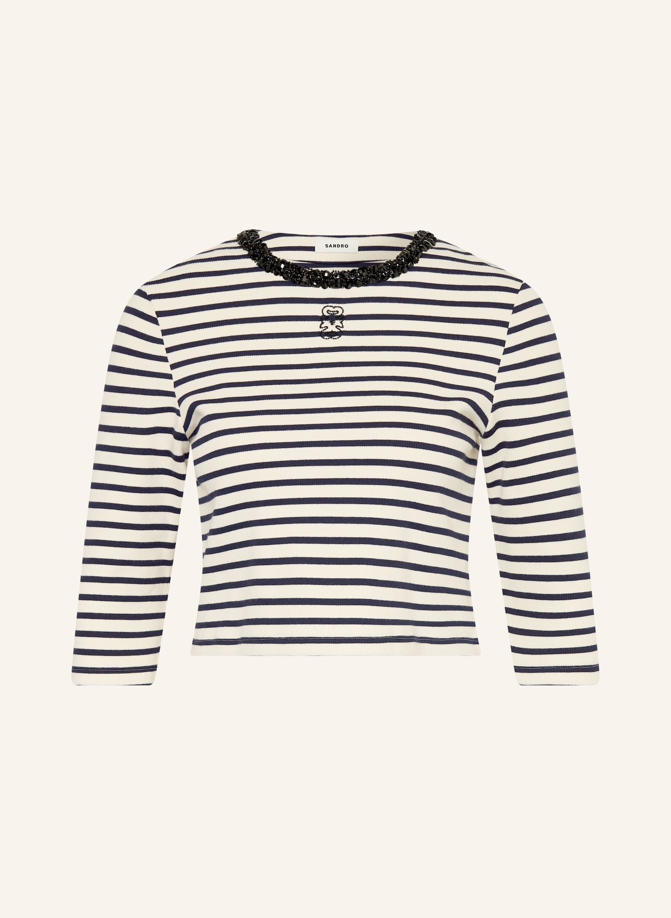 SANDRO Cropped-Shirt mit Schmucksteinen und 3/4-Arm: WEISS / DUNKELBLAU / SCHWARZ