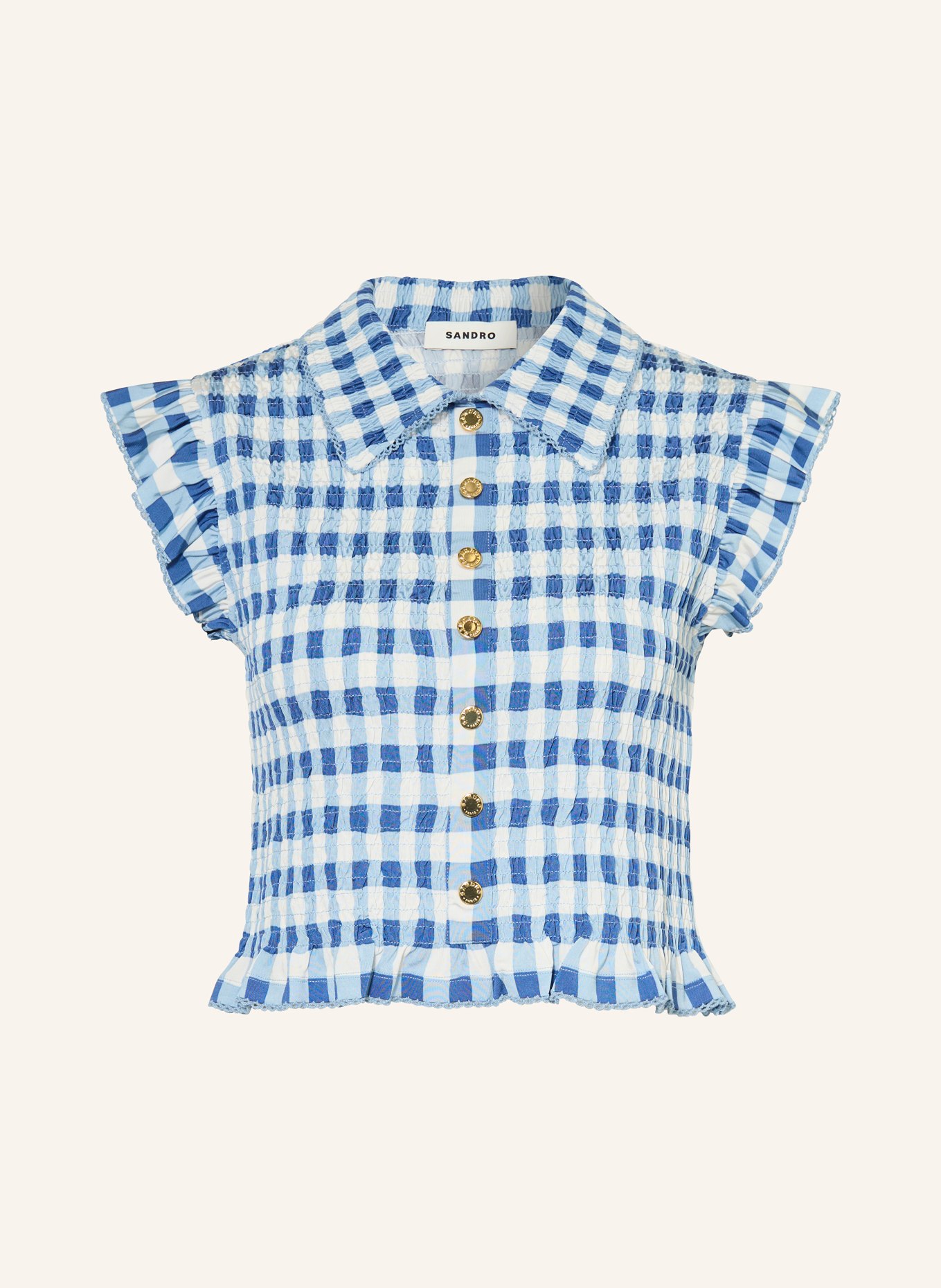 SANDRO Blusenshirt mit Rüschen: BLAU / WEISS