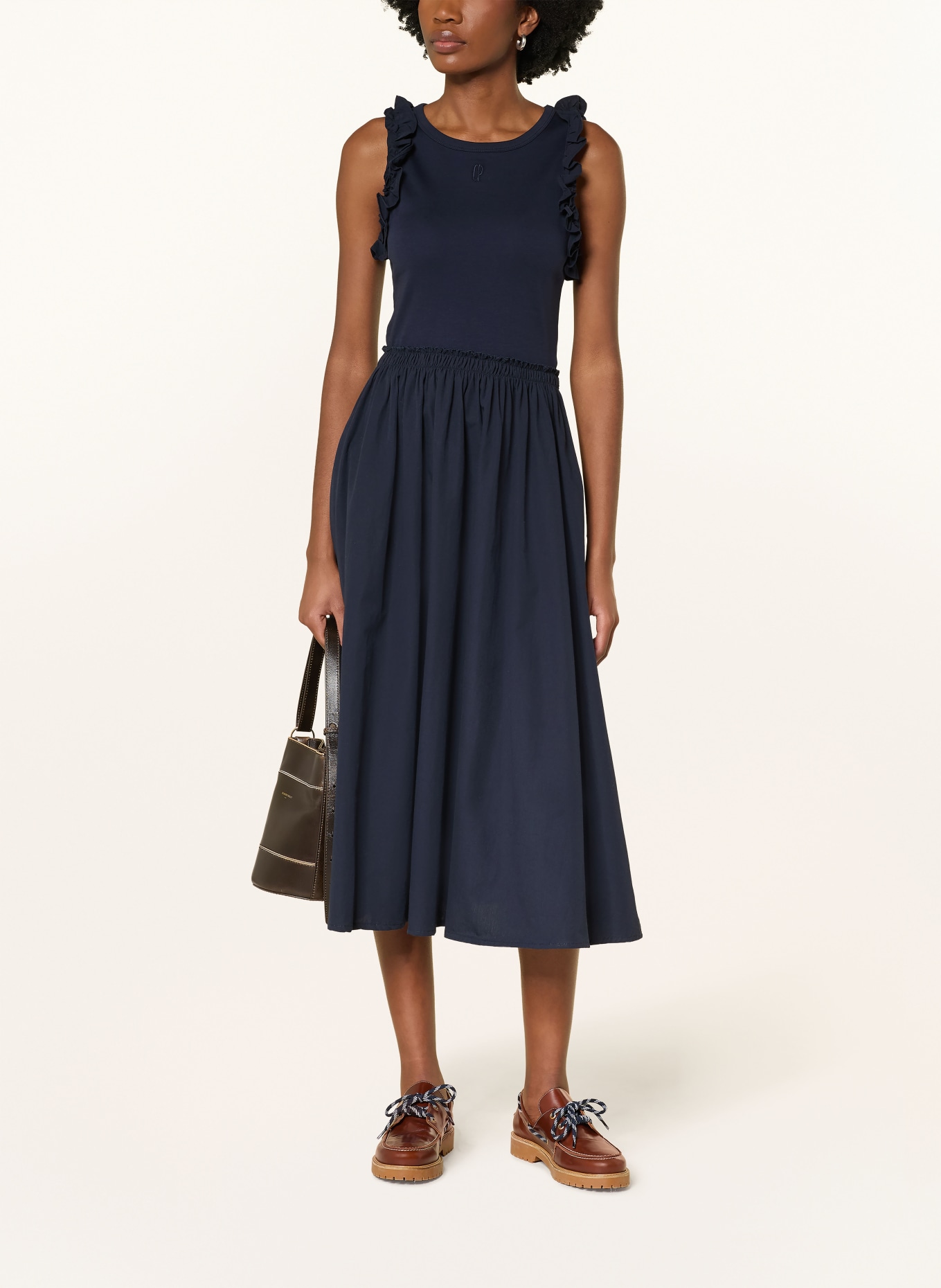 CLAUDIE PIERLOT Kleid im Materialmix mit Rüschen: DUNKELBLAU