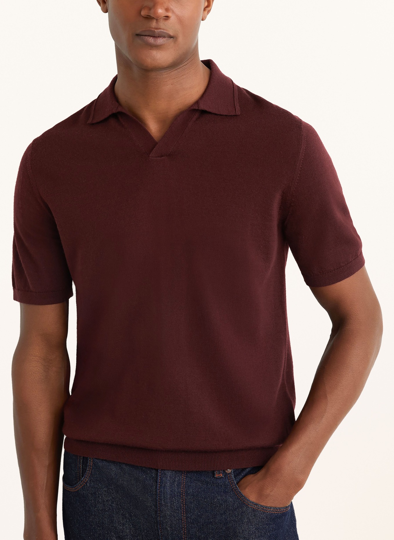 REISS Gebreid poloshirt DUCHIE van merinowol: MARRON FONCÉ