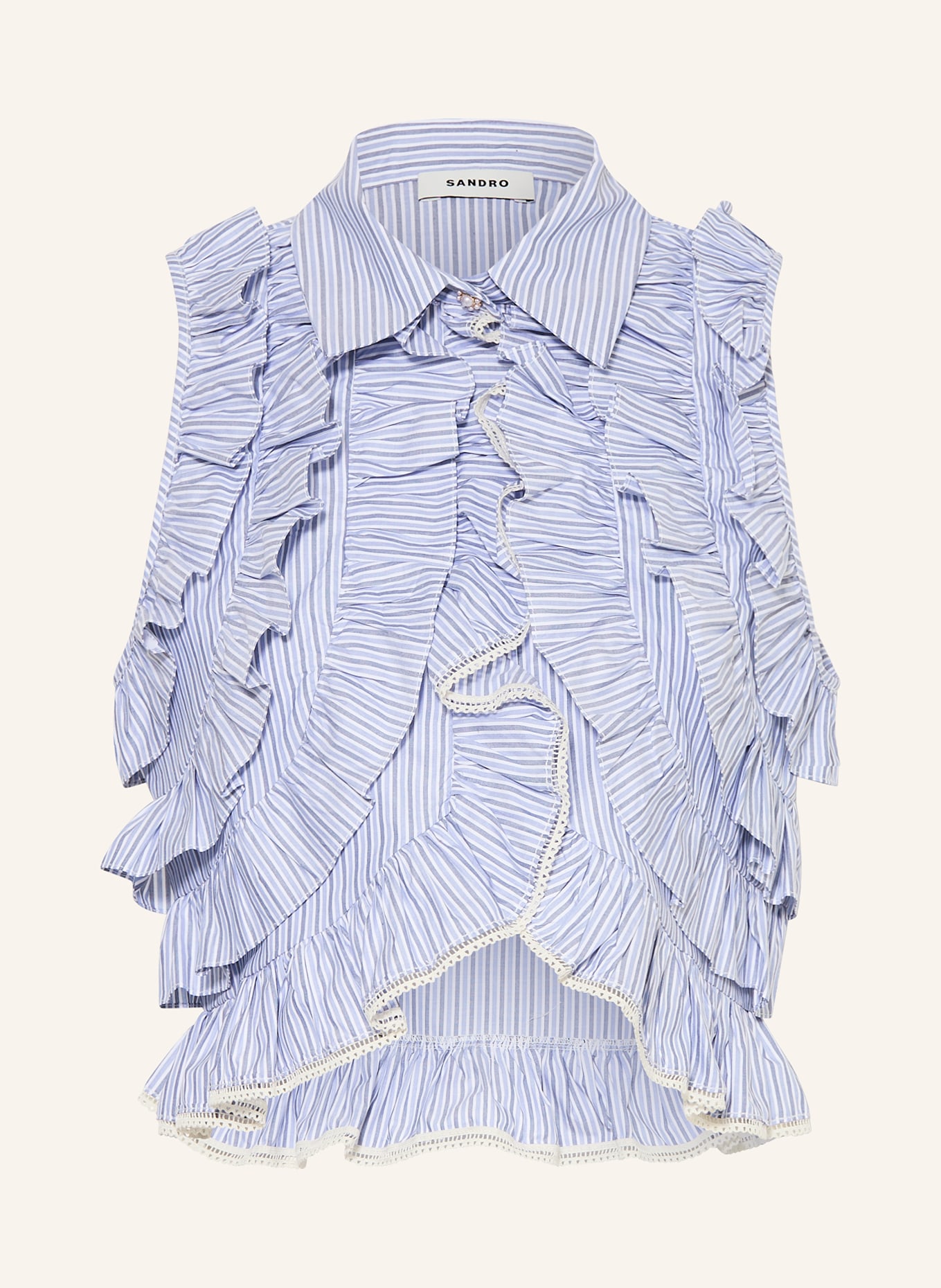 SANDRO Cropped-Blusentop mit Rüschen: HELLBLAU / HELLGRAU / WEISS