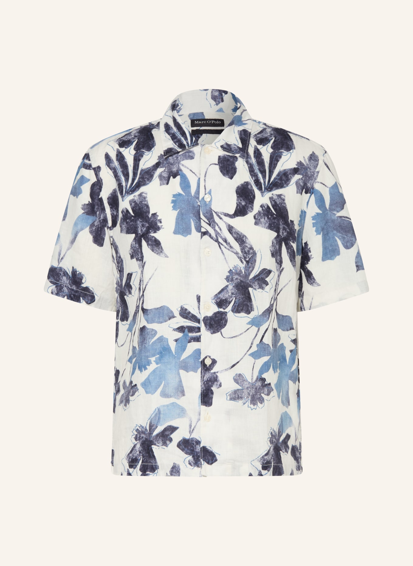 Marc O'Polo Chemise à manches courtes coupe classique en lin: BLANC / BLEU FONCÉ