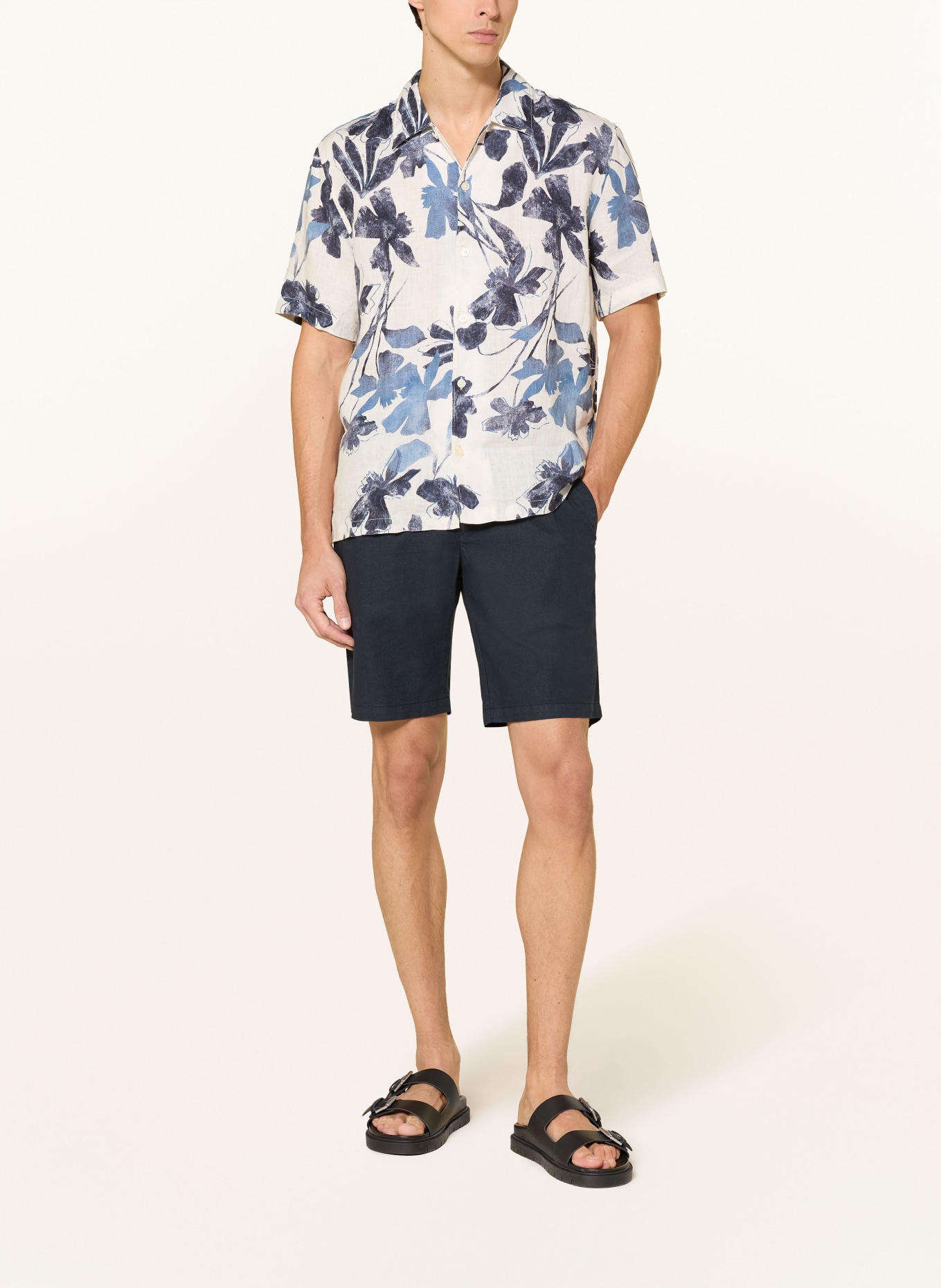 Marc O'Polo Chemise à manches courtes coupe classique en lin: BLANC / BLEU FONCÉ