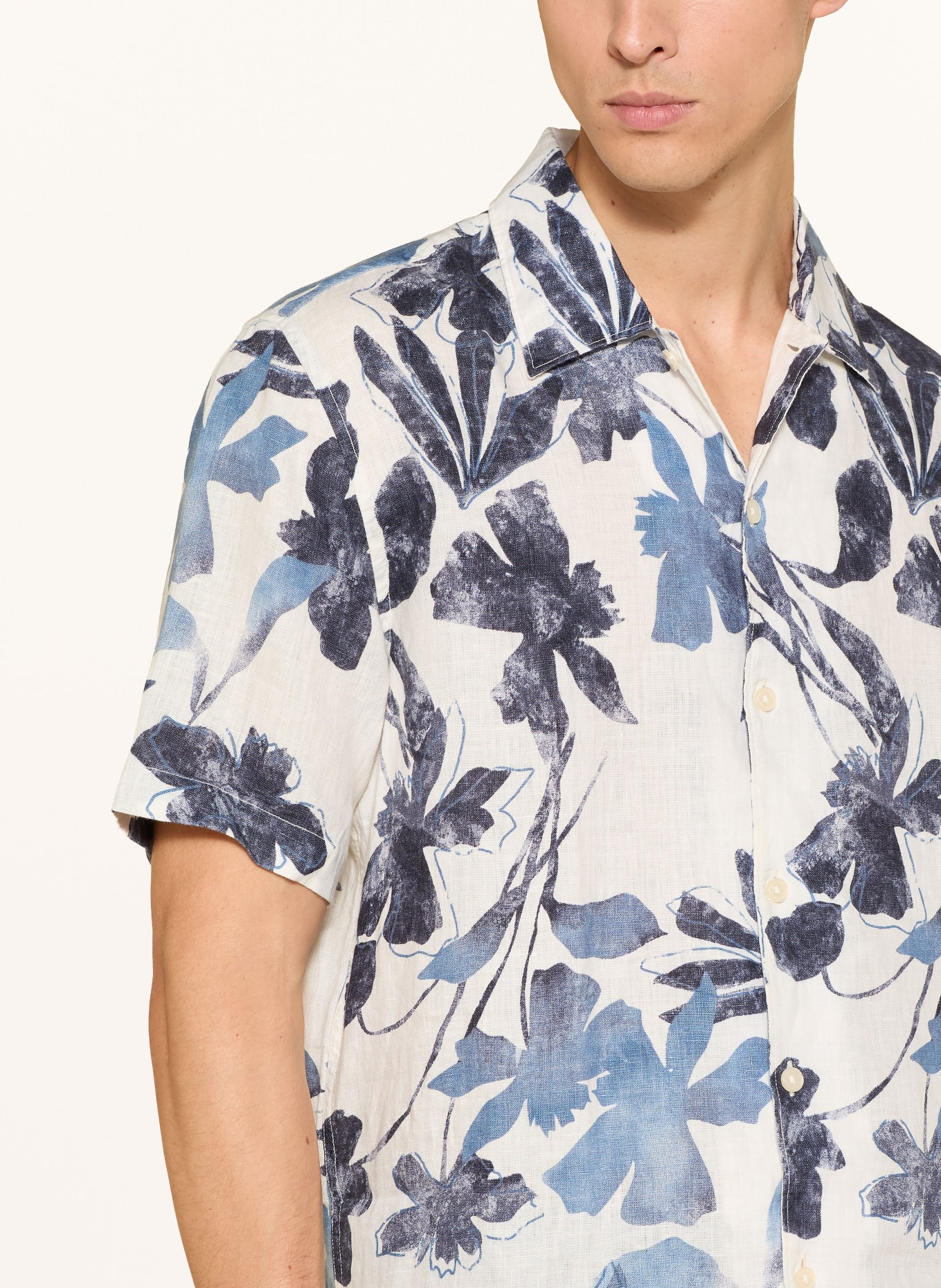 Marc O'Polo Chemise à manches courtes coupe classique en lin: BLANC / BLEU FONCÉ